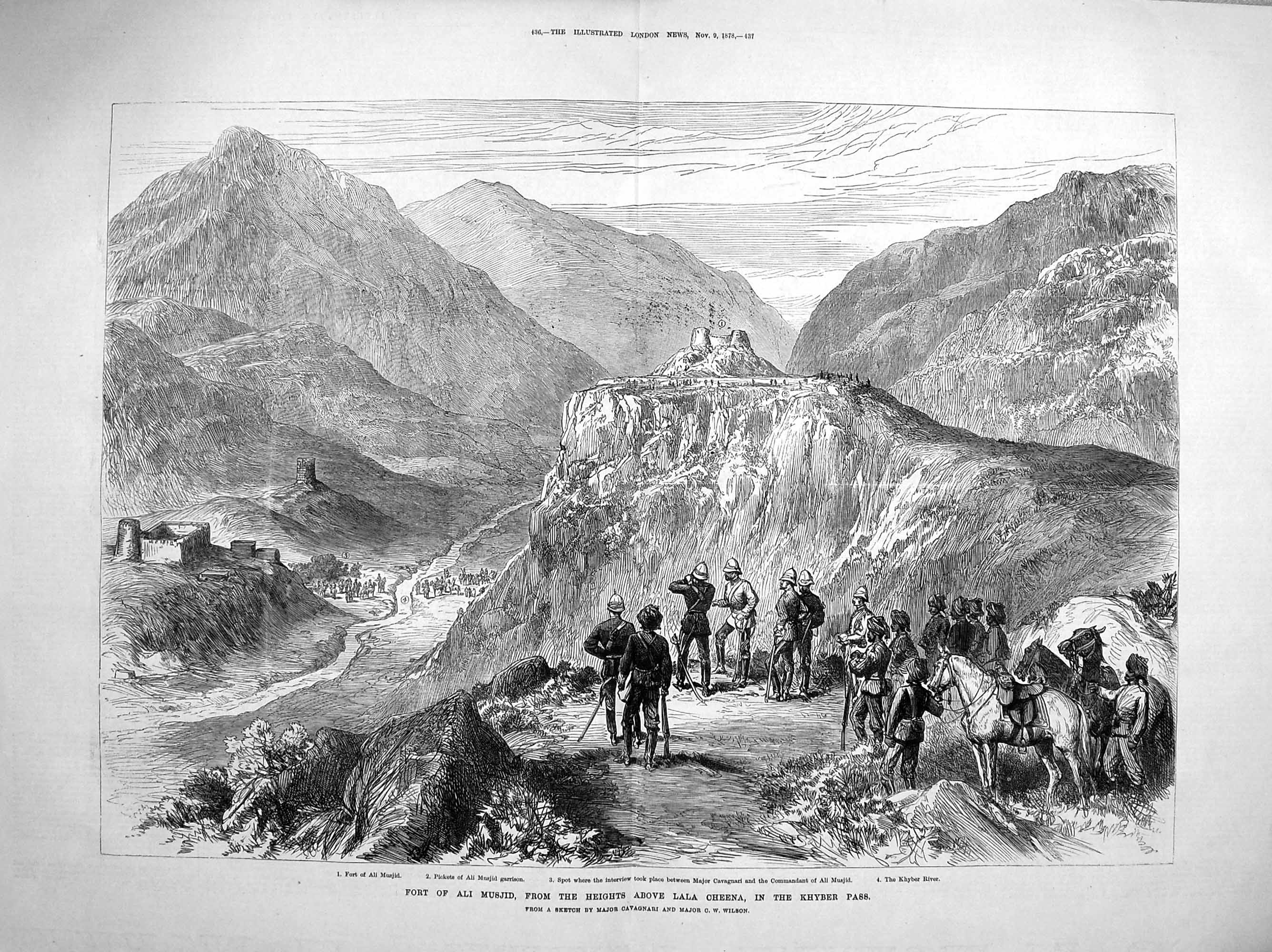 Old Antique Print 1878 Fort Ali Musjid Lala Cheena Khyber Pass Cavagnari 19th