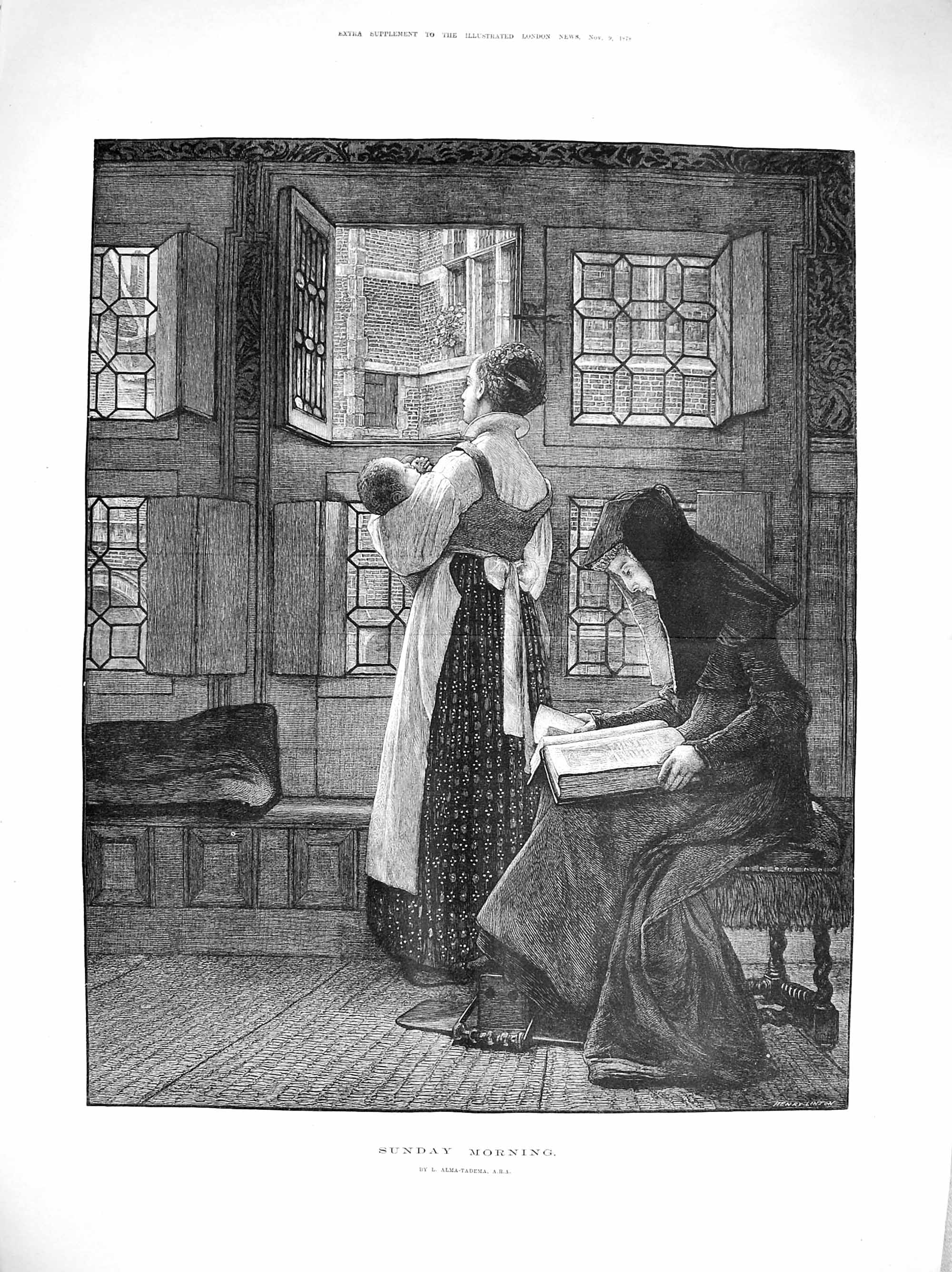 Original Old Antique Print 1878 Sunday Morning Scene Mother Baby Alma-Tadema