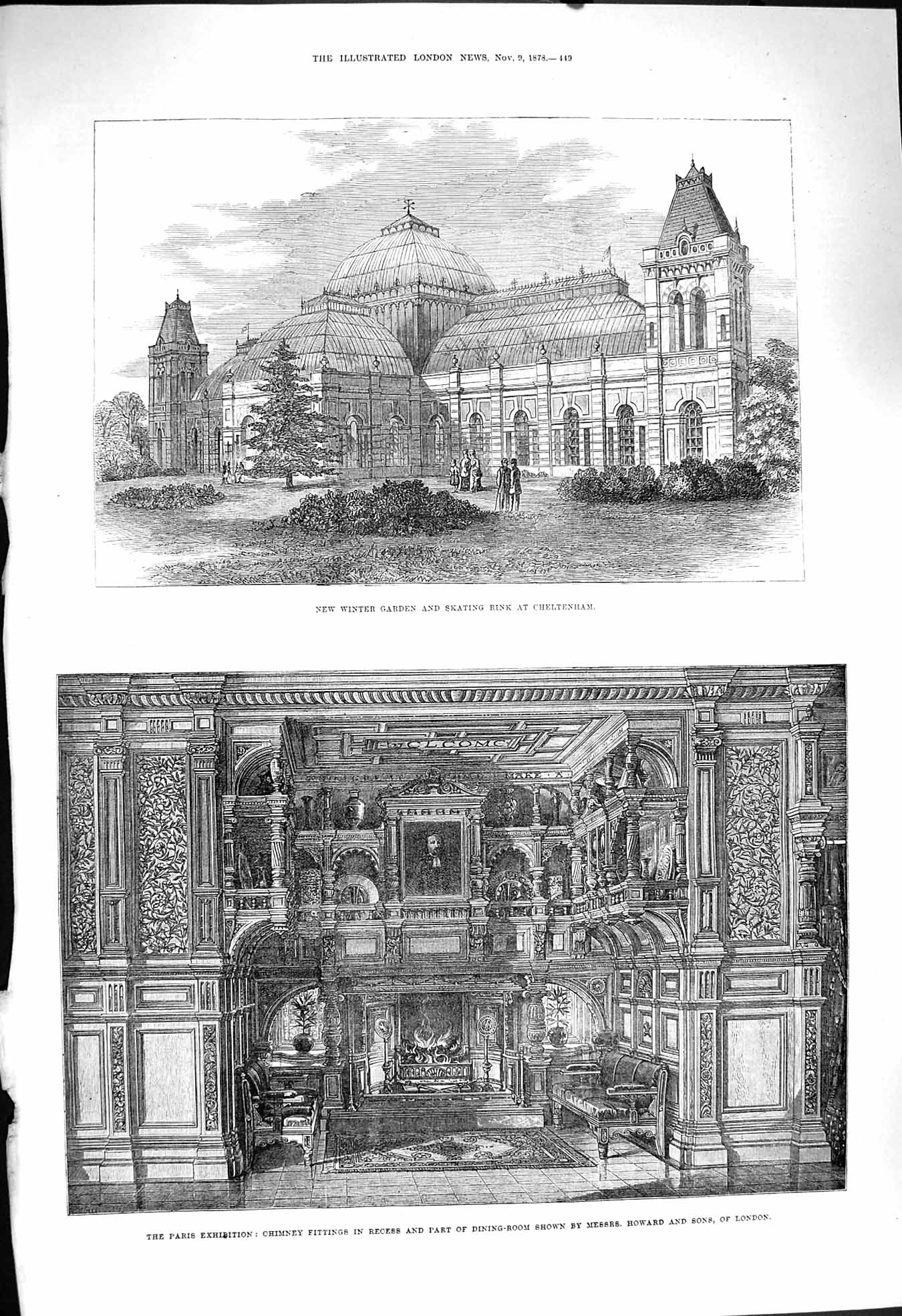 Original Old Antique Print 1878 Winter Garden Skating Rink Cheltenham Chimney