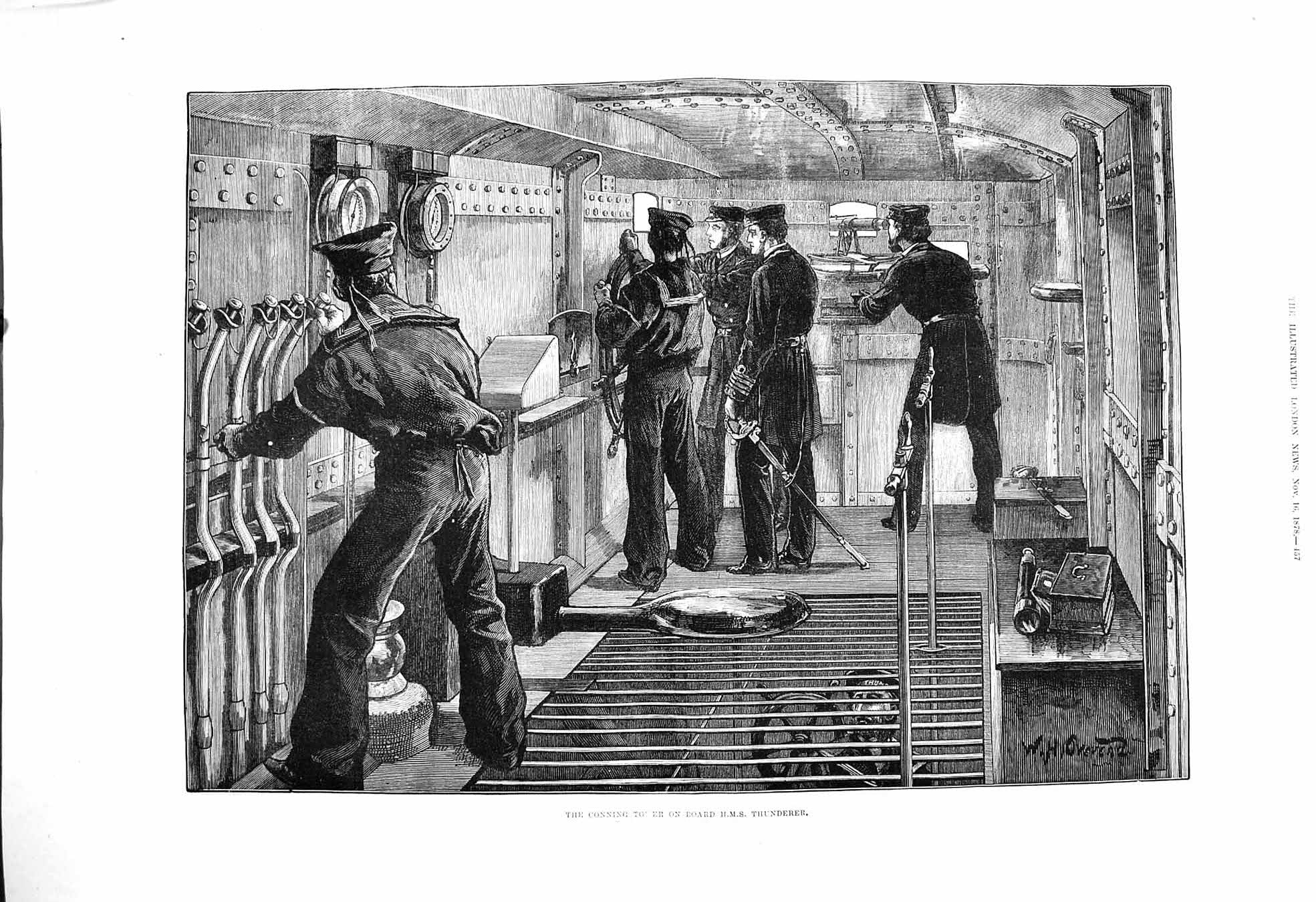 Original Old Antique Print 1878 Scene Conning Tower Board Ship H.M.S. Thunderer