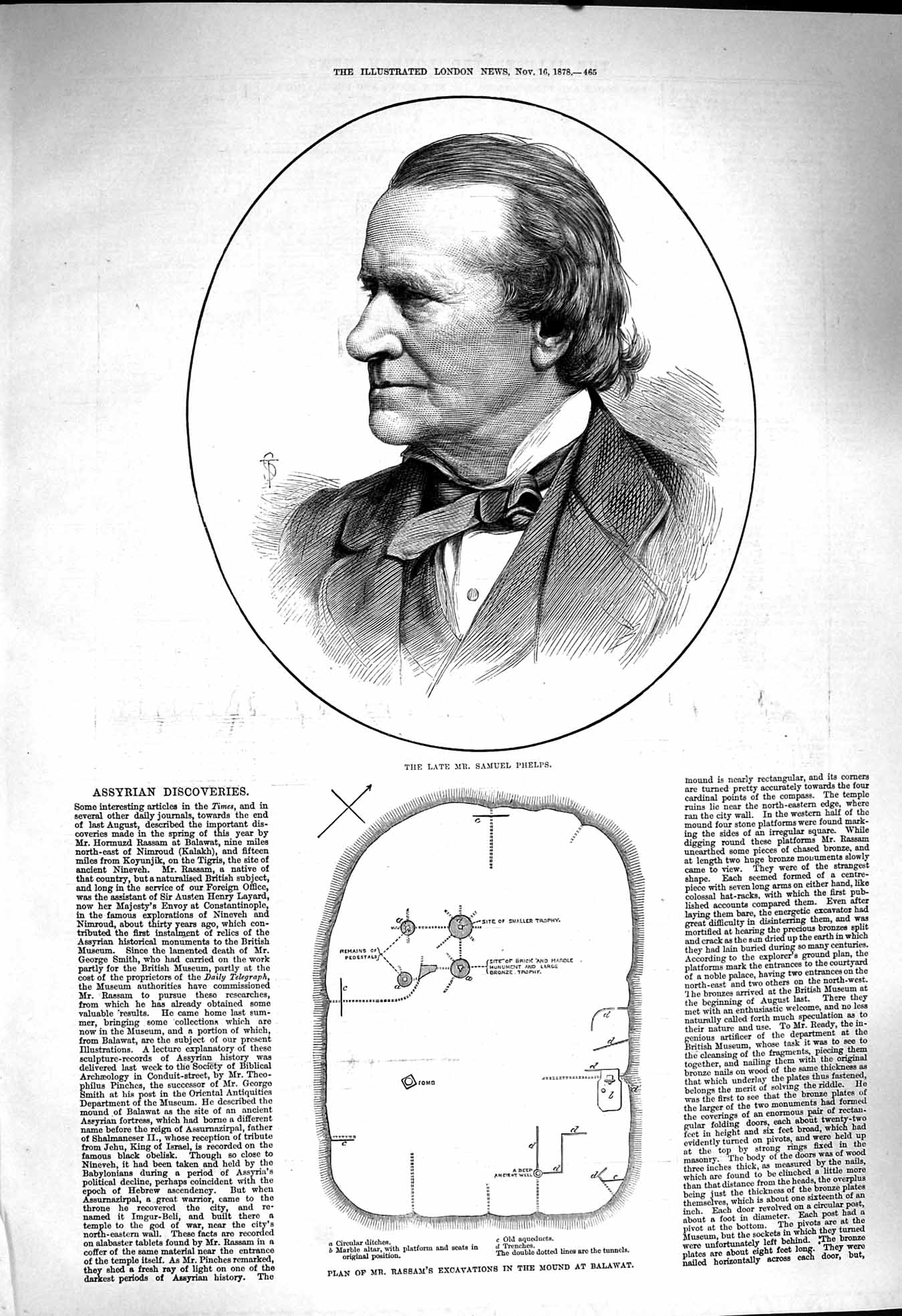 Old Antique Print 1878 Mr Samuel Phelps Plan Rassam Excavations Balawat 19th
