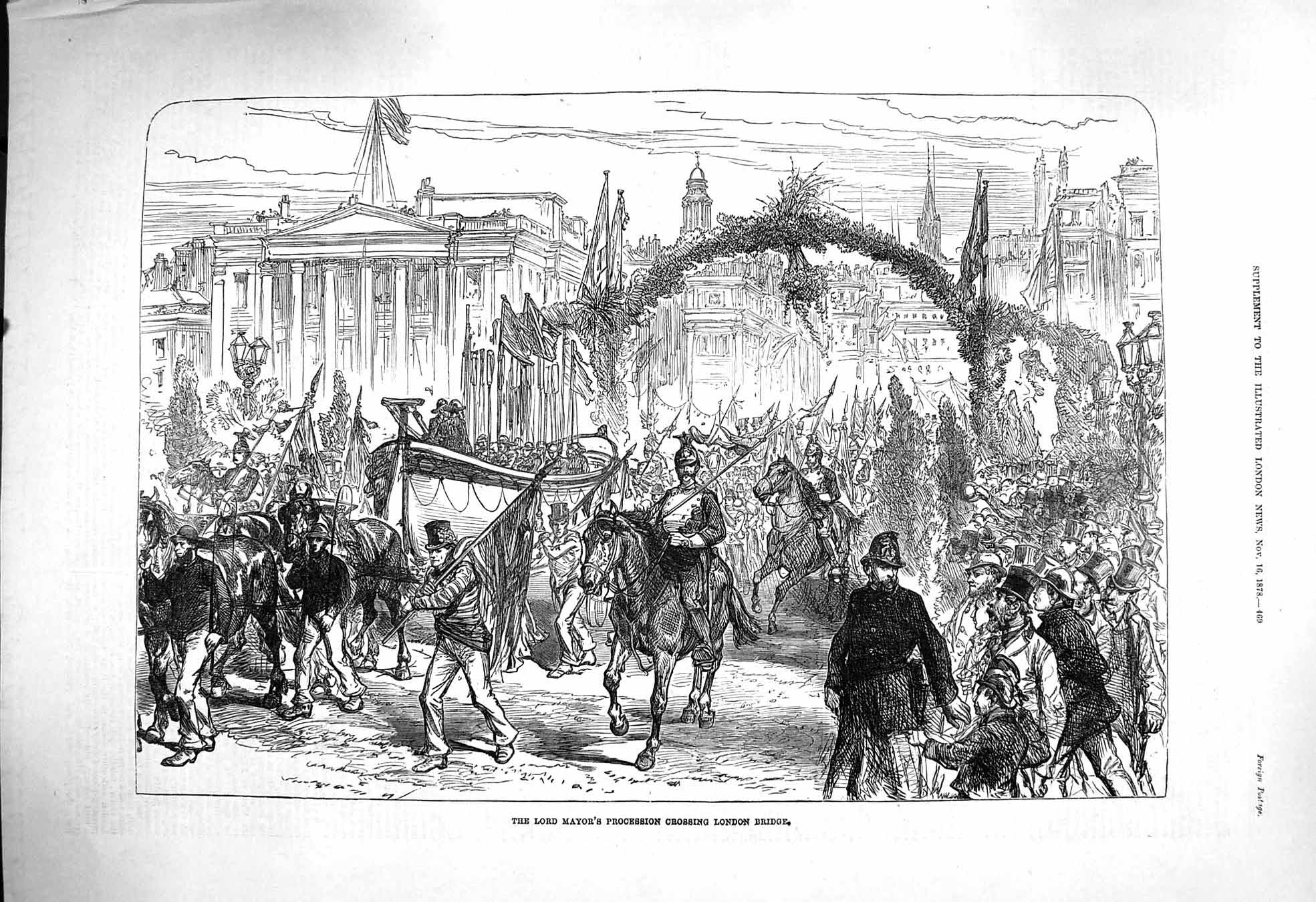 Original Old Antique Print 1878 Lord Mayor Procession Crossing London Bridge