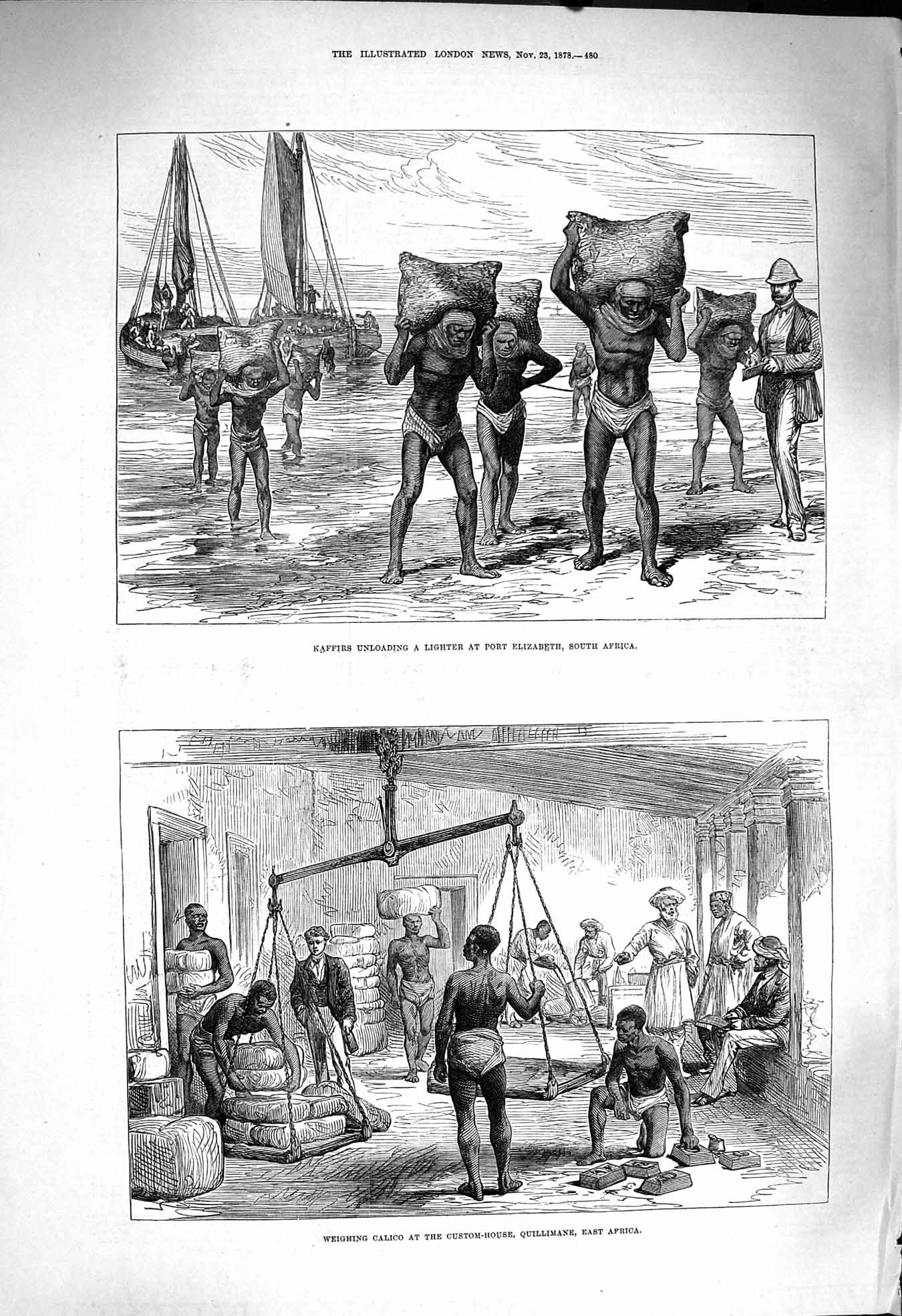 Original Old Antique Print 1878 Kaffirs Unloading Boat Elizabeth Africa Calico