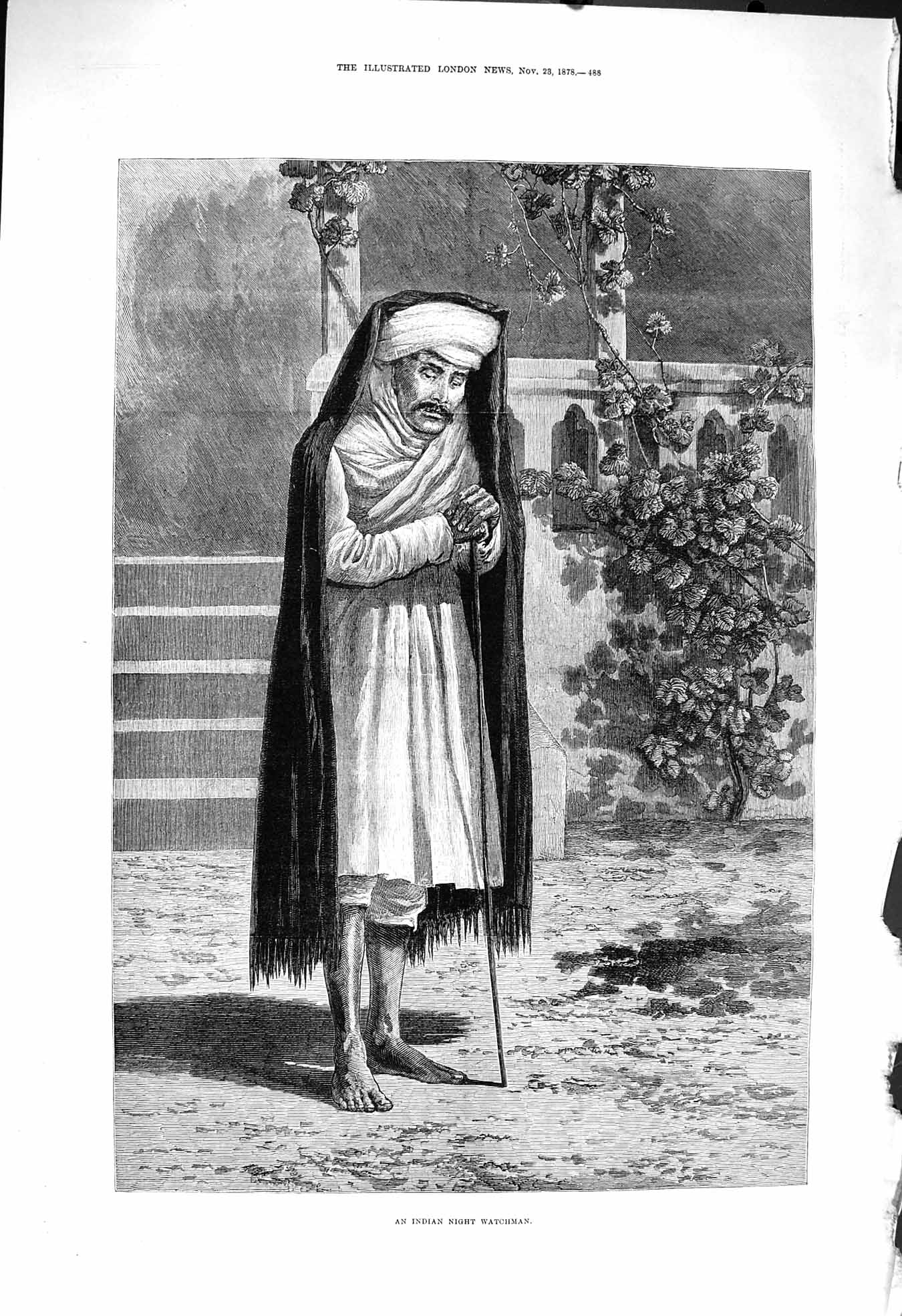 Original Old Antique Print 1878 Portrait Indian Night Watchman Fine Art 19th