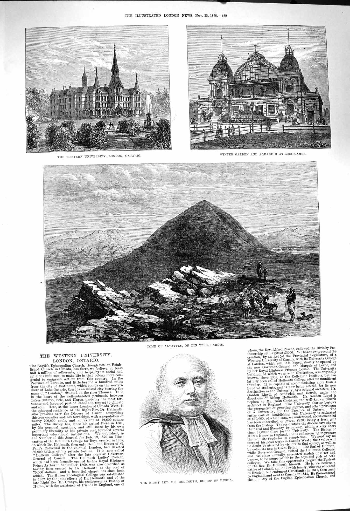 Old Antique Print 1878 University Ontario Garden Aquarium Morecambe Huron 19th