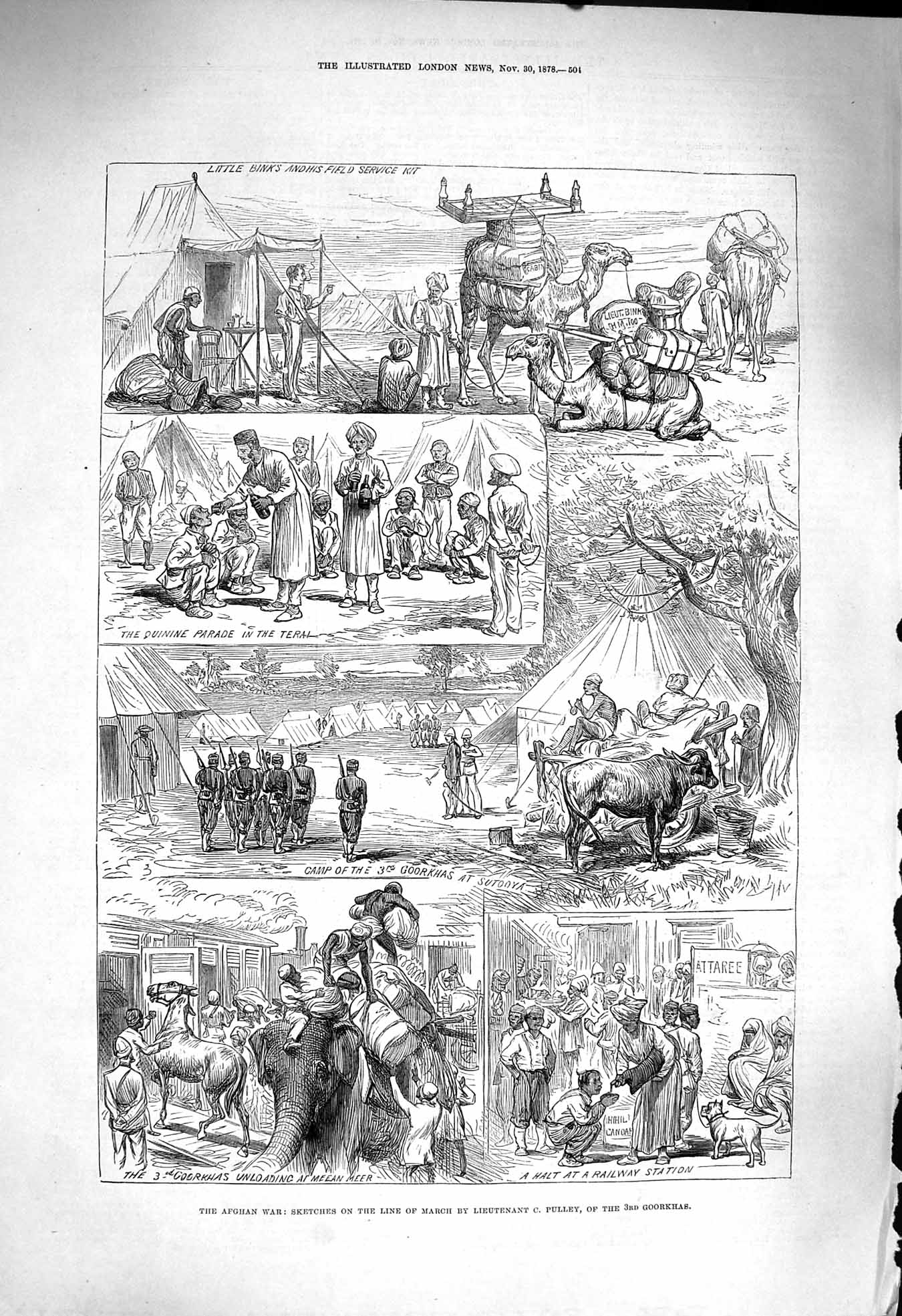 Original Old Antique Print 1878 Afghan War Goorkhas Meean Meer Railway Station