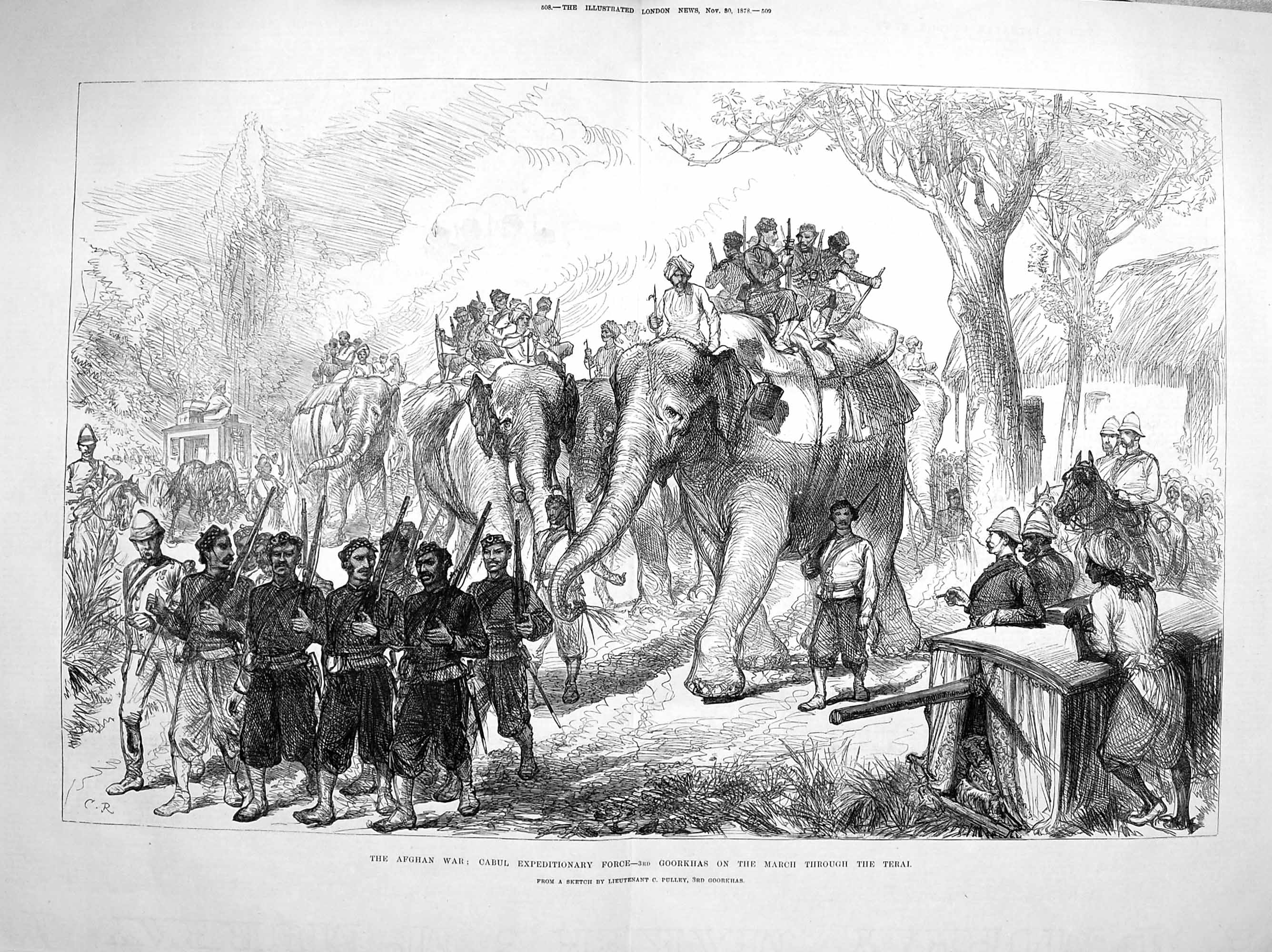 Old Antique Print 1878 Afghan War Cabul Force Goorkhas Terai Elephants 19th
