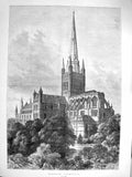 Old Antique Print 1878 Exterior Norwich Cathedral Architecture Fine Art 19th