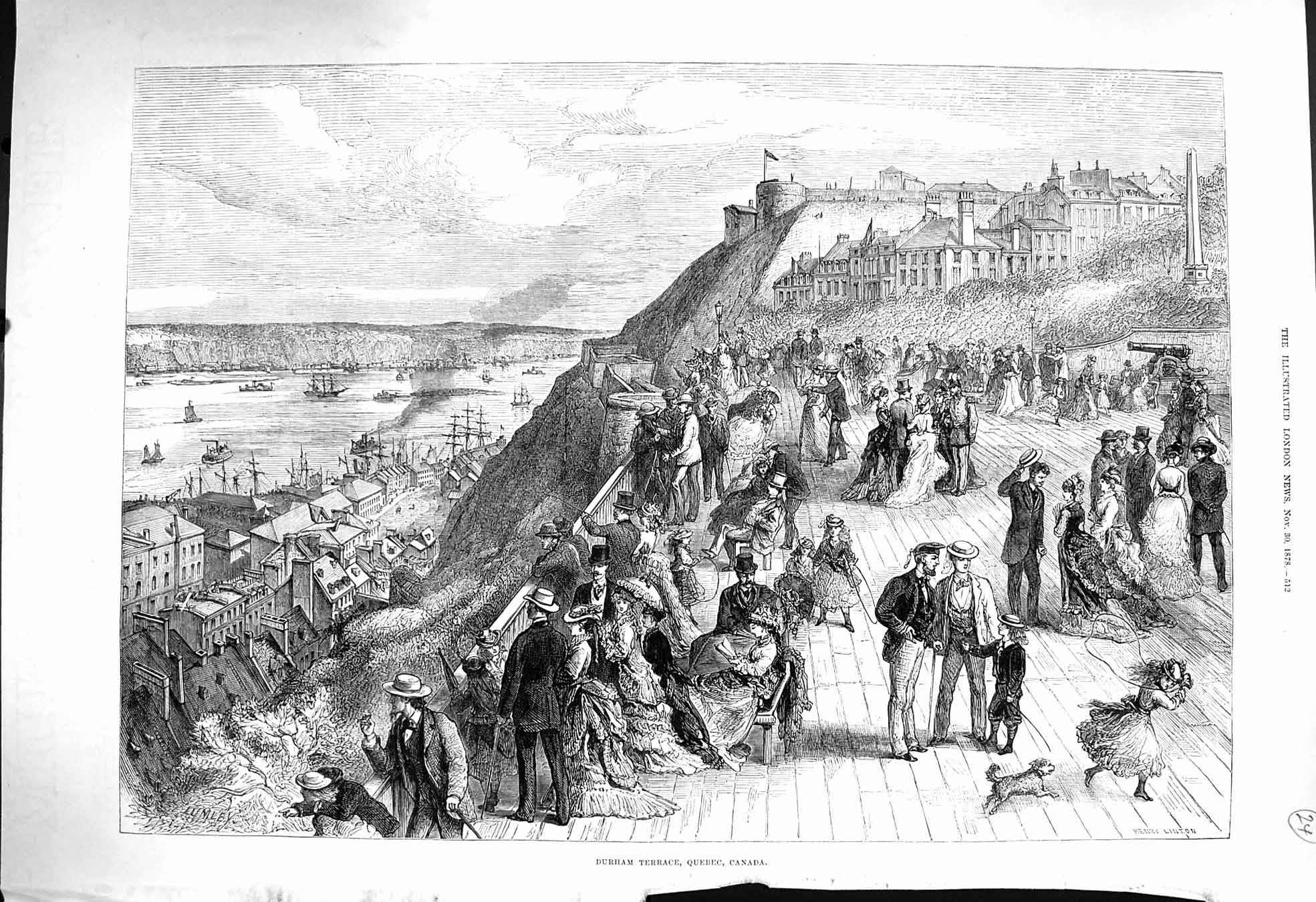 Original Old Antique Print 1878 View Durham Terrace Quebec Canada Ships Houses