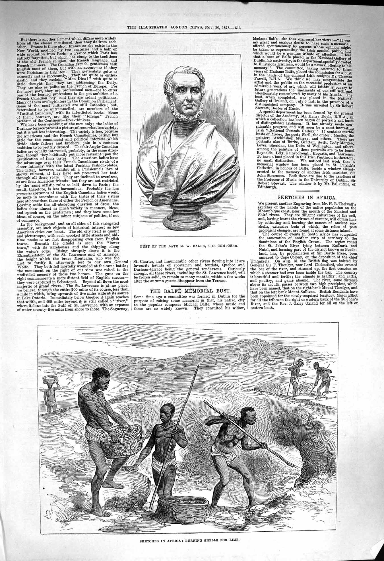 Original Old Antique Print 1878 Bust Balfe Composer Africa Burning Shells Lime