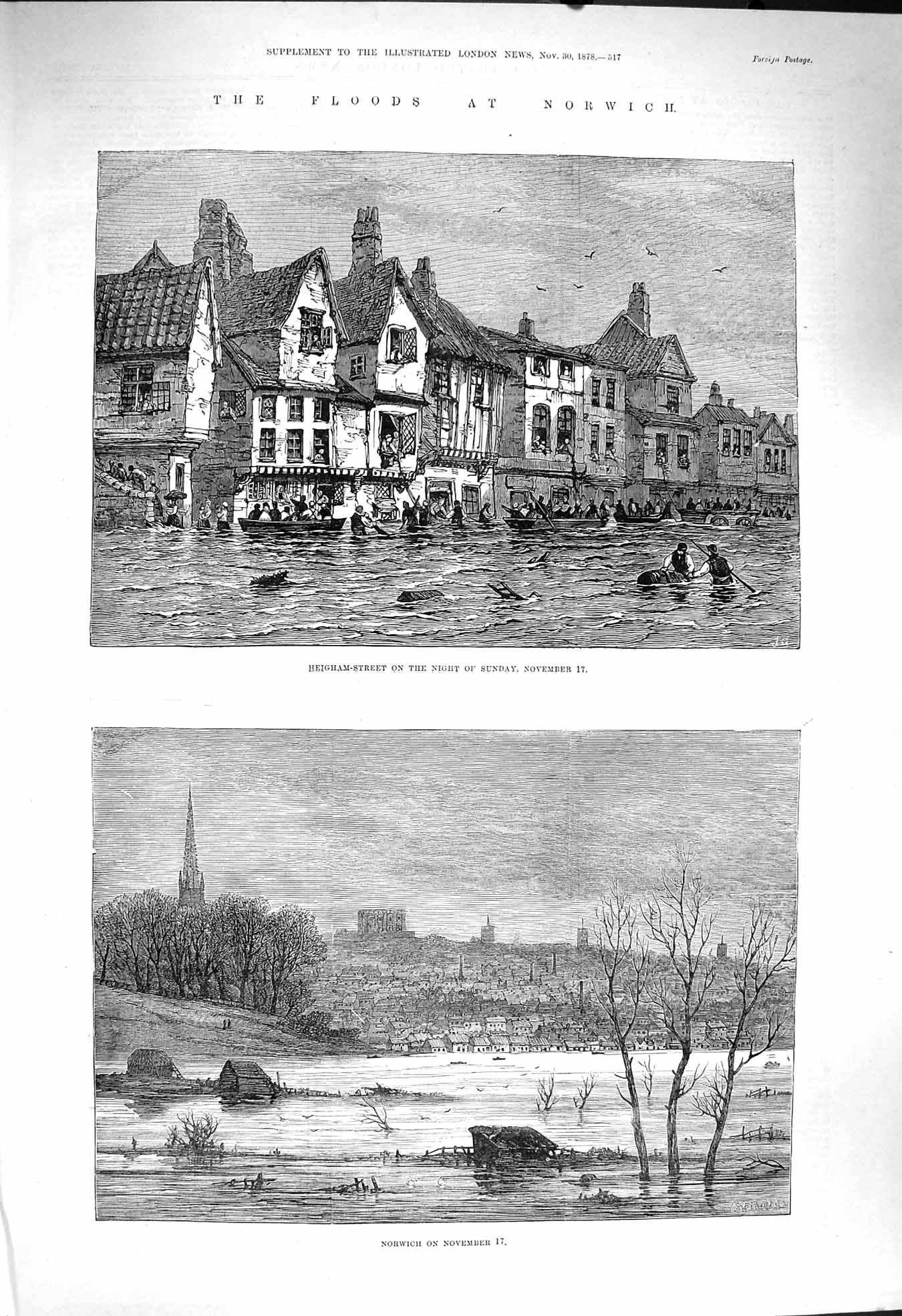 Old Antique Print 1878 Floods Norwich Heigham Street River Boats England 19th