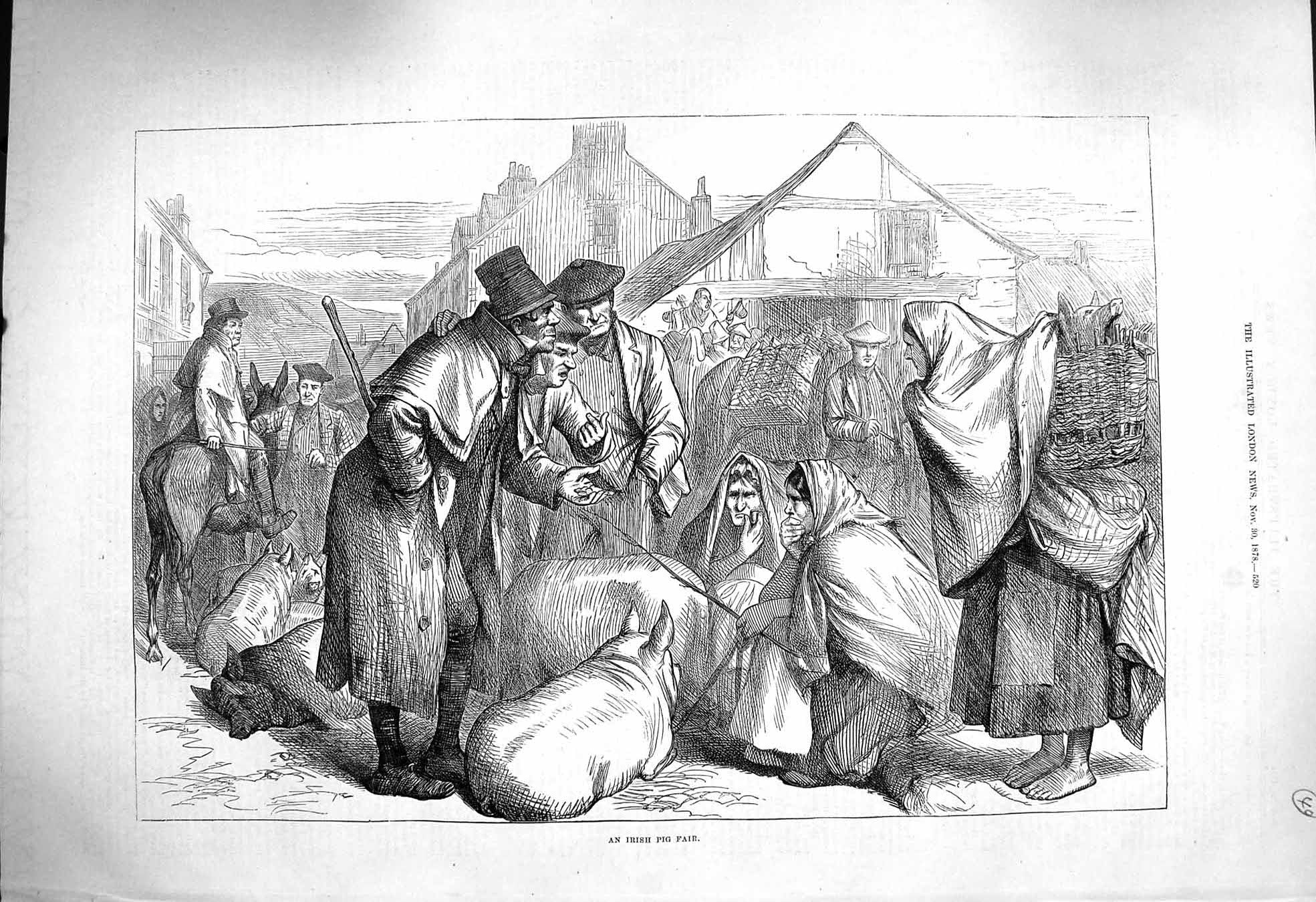 Original Old Antique Print 1878 Irish Pig Fair Ireland Market Animals Victorian