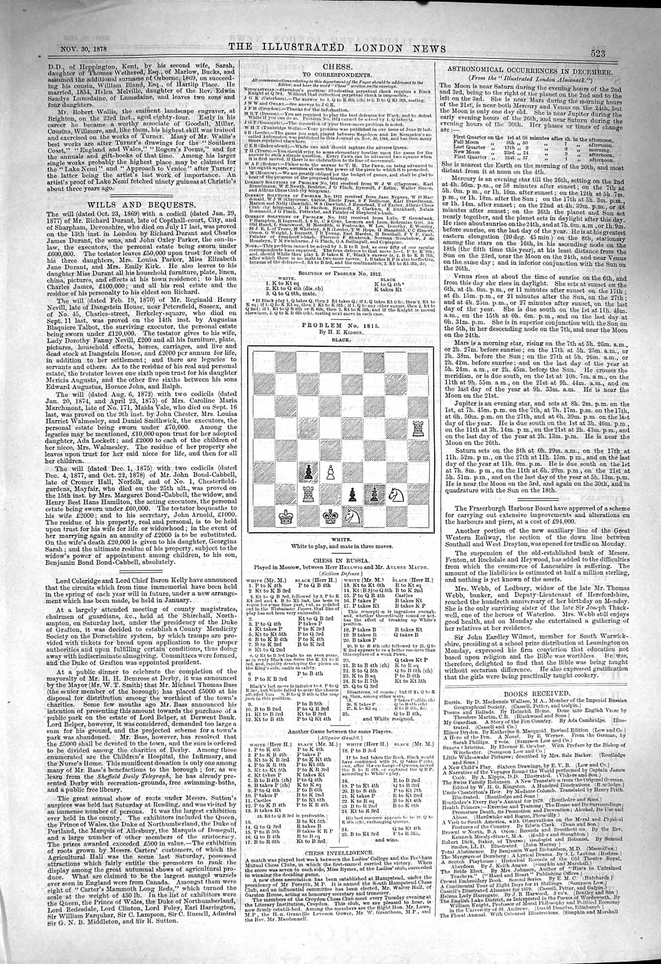 Antique Old Print Ref.131 1878 Ten Pages Chess Moves Illustrated London News