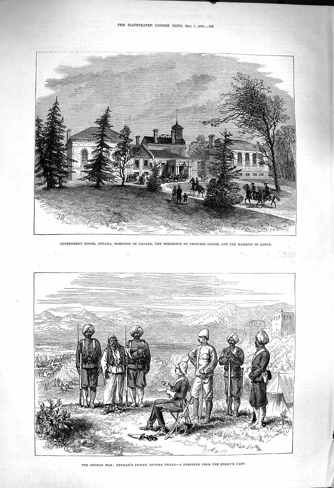 Original Old Antique Print 1878 Government House Ottawa Canada Afghan War Thana
