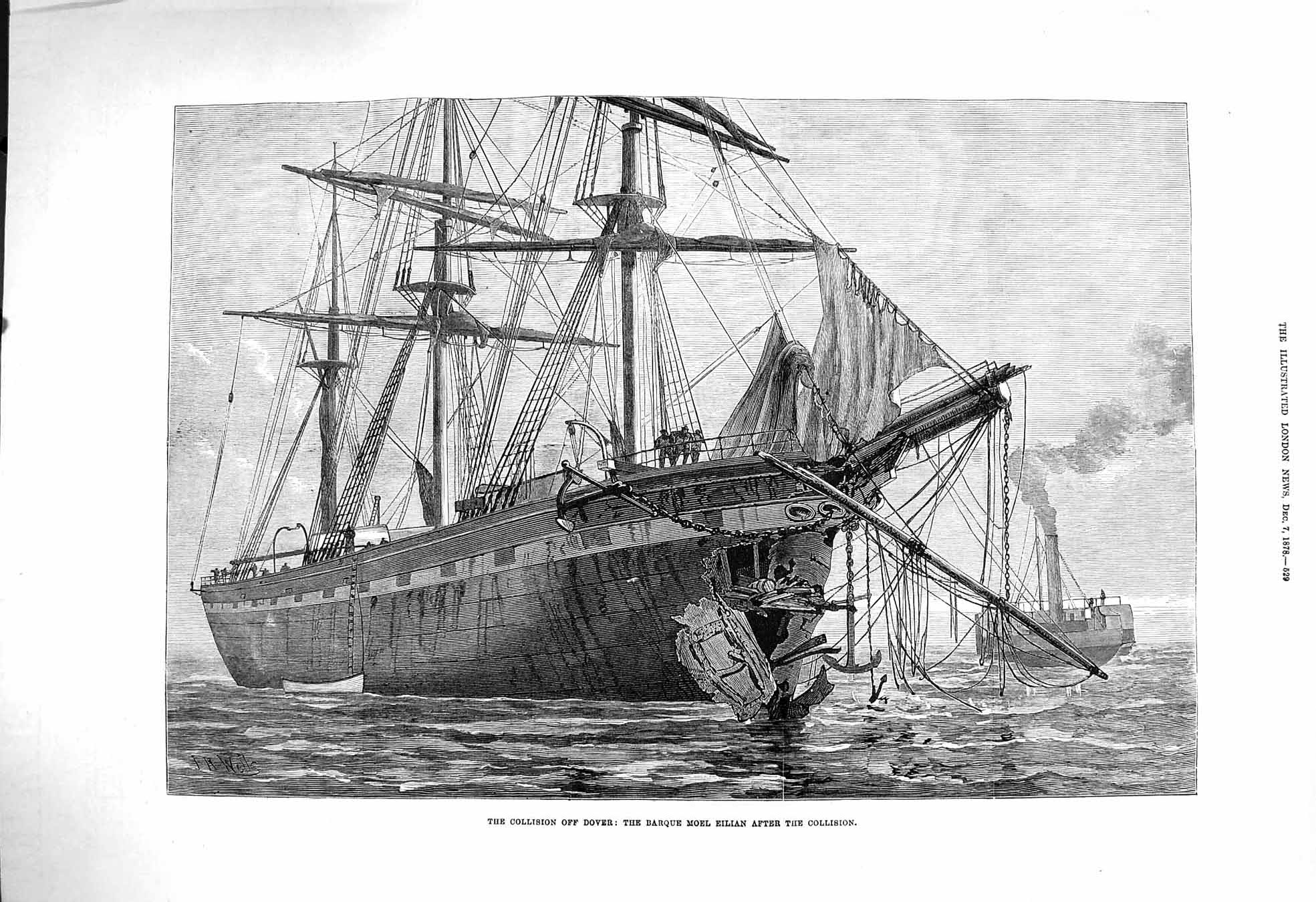 Old Antique Print 1878 Ships Collision Dover Barque Moel Eilian Fine Art 19th