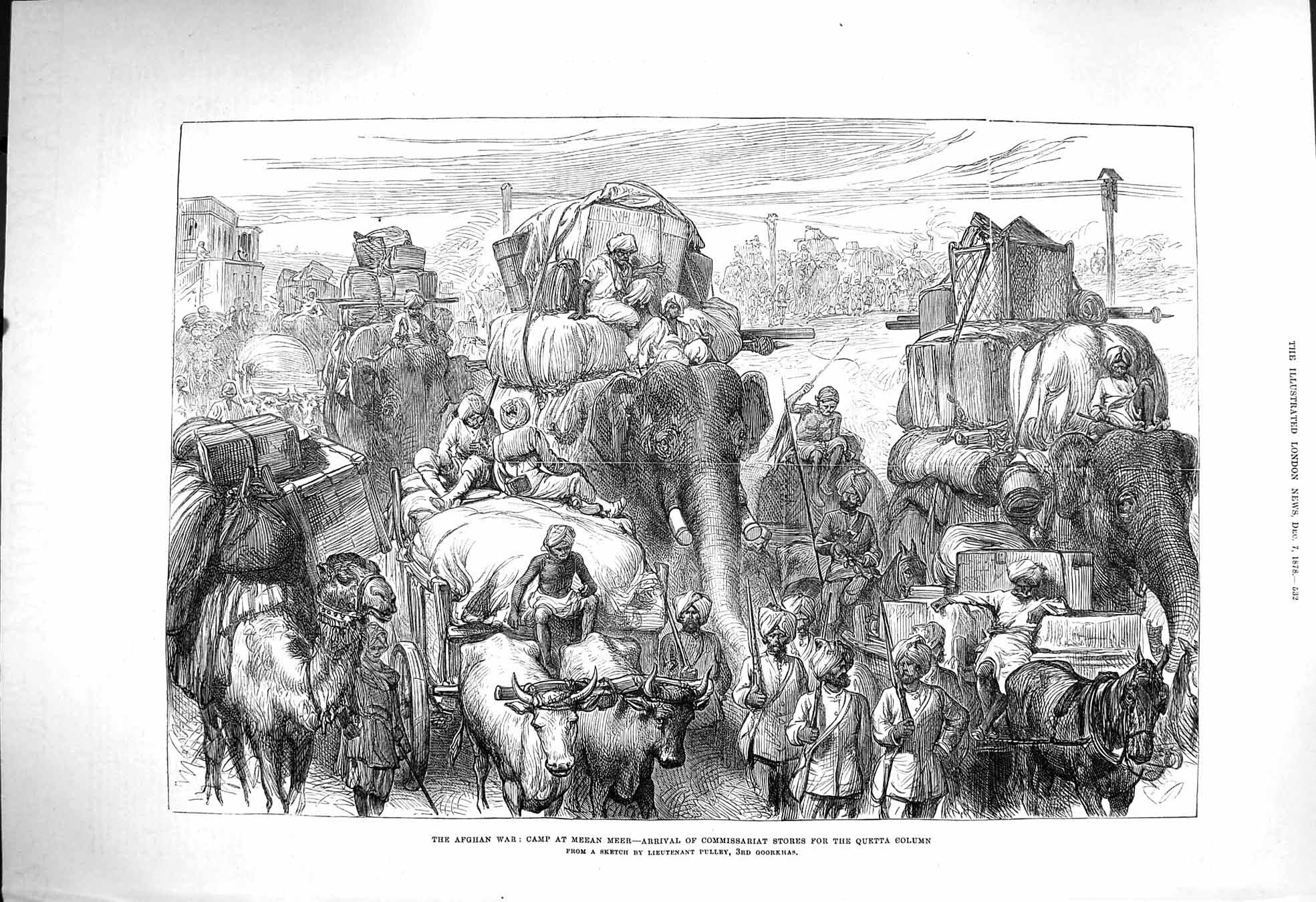 Original Old Antique Print 1878 Afghan War Camp Meean Meer Quetta Column Stores