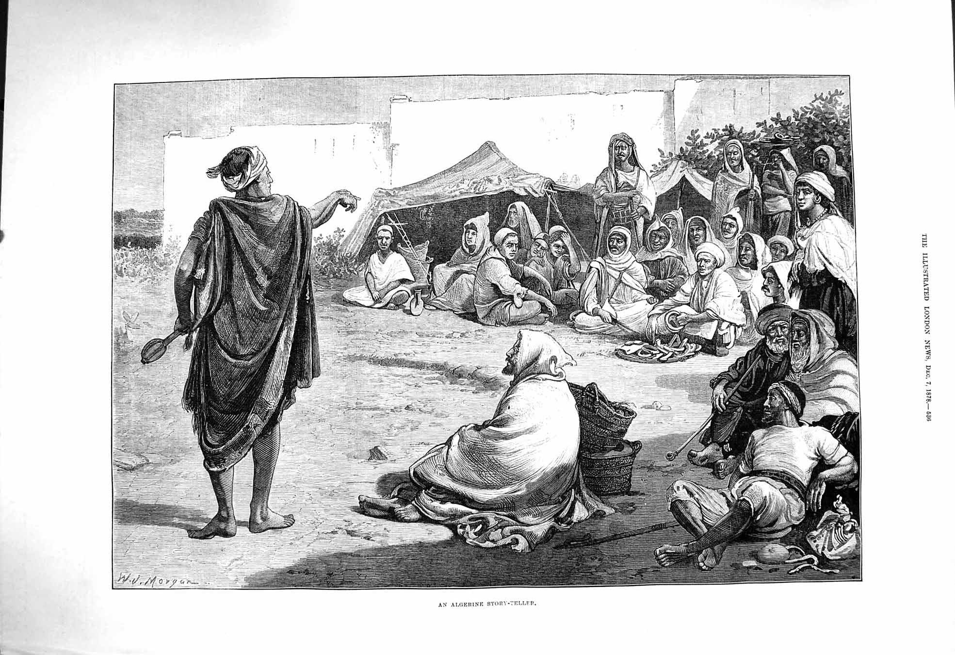Old Antique Print 1878 Scene People Algerine Story Teller Fine Art Morgan 19th