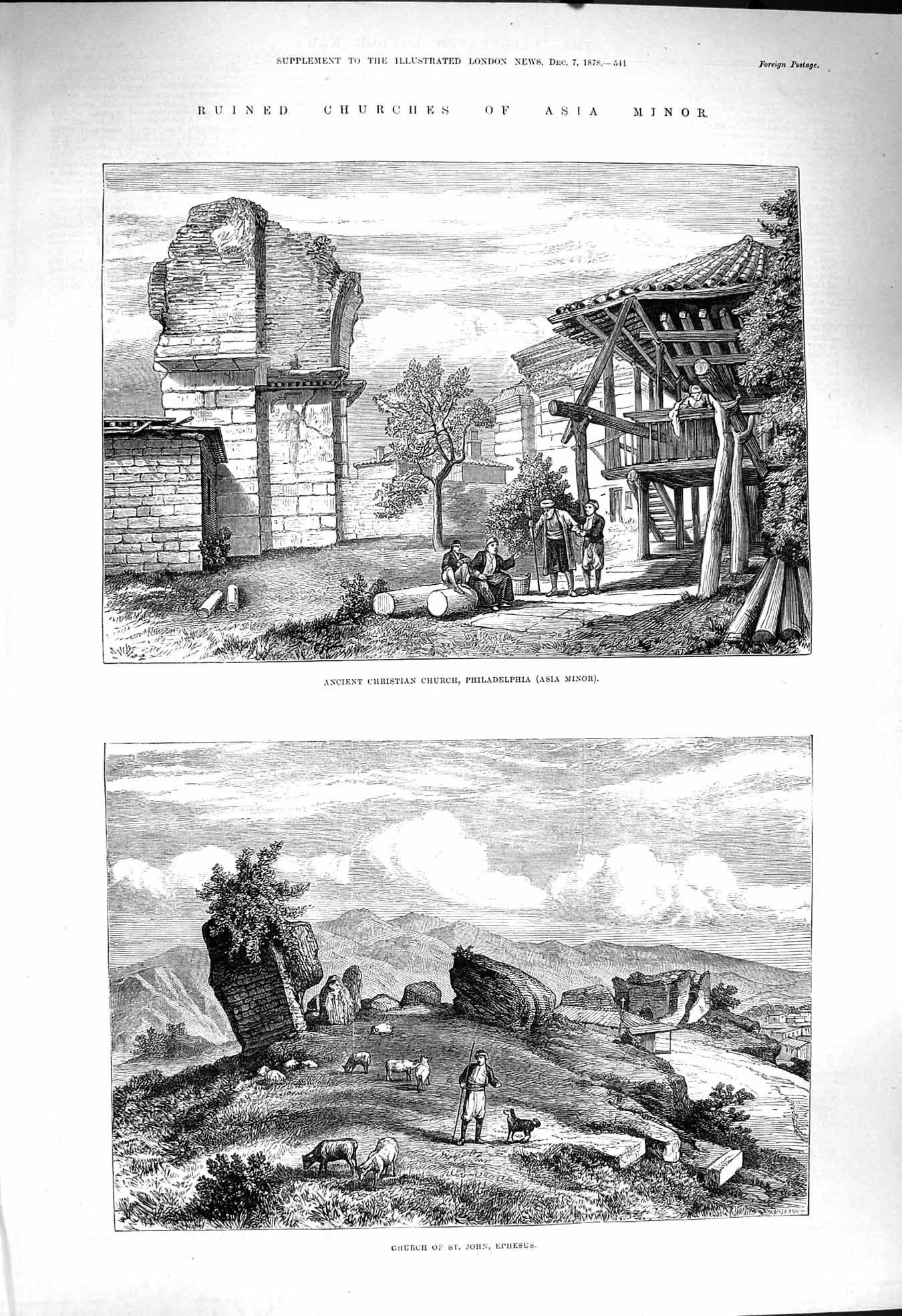 Original Old Antique Print 1878 Ruins Christian Church Asia Moinor John Ephesus