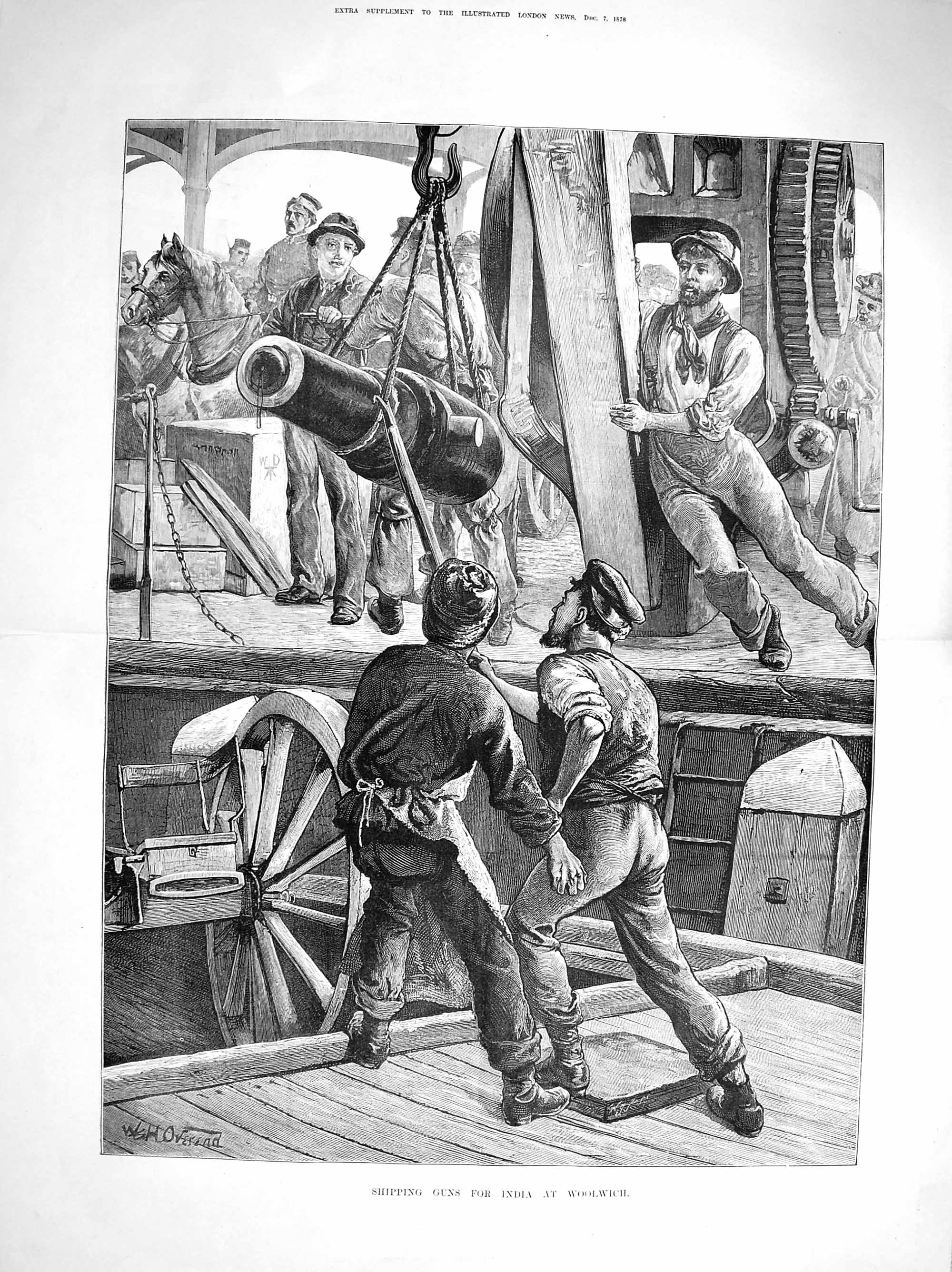 Old Antique Print 1878 Scene Shipping Guns India Woolwich Navy Sailors 19th