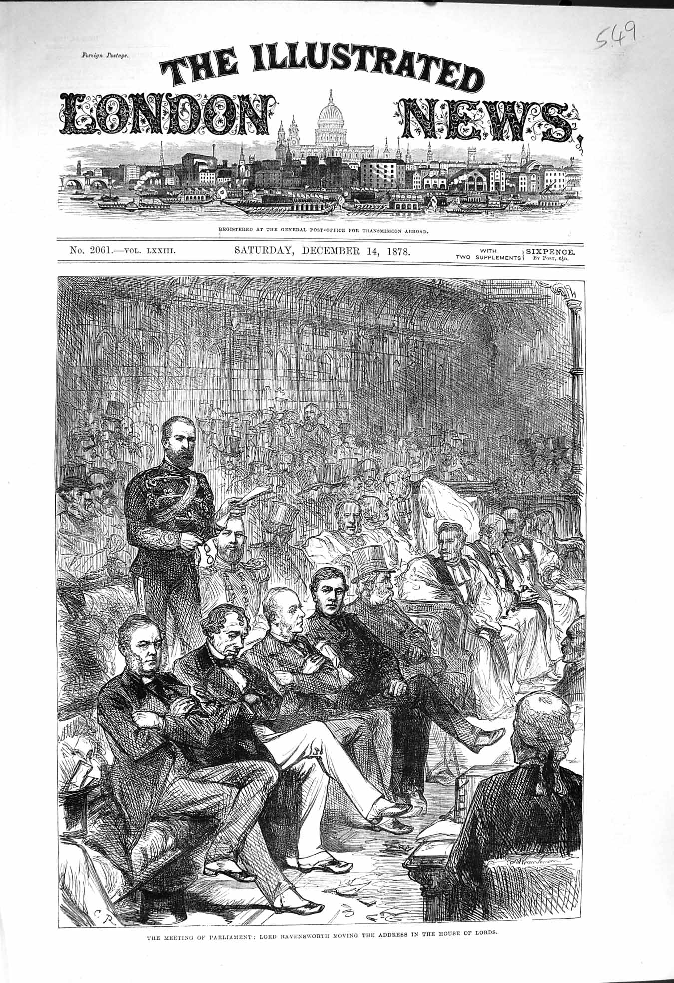 Original Old Antique Print 1878 Parliament Lord Ravensworth House Lords Meeting