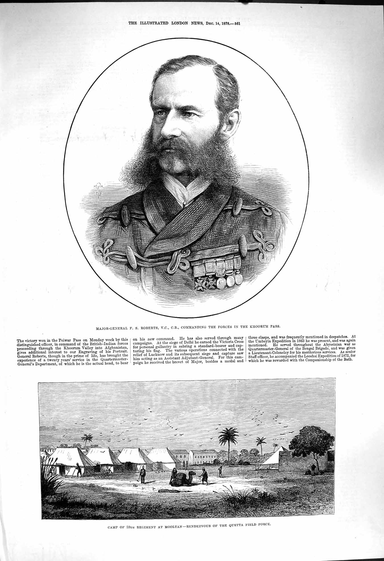 Original Old Antique Print 1878 Major-General Roberts Camp Mooltan Quetta War