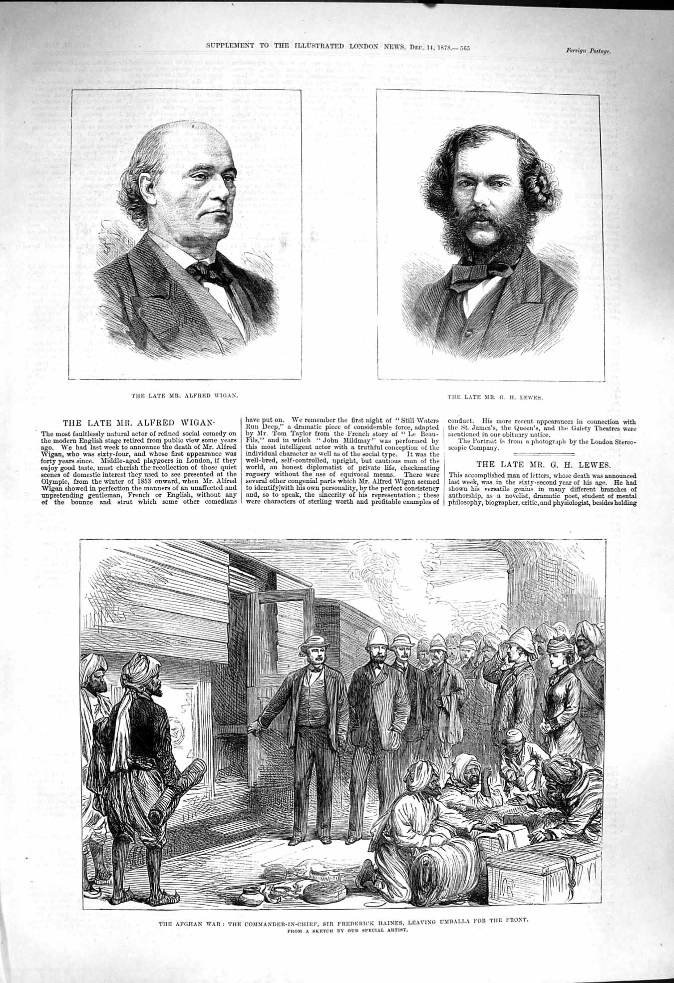 Original Old Antique Print 1878 Alfred Wigan Lewes Afghan War Frederick Haines
