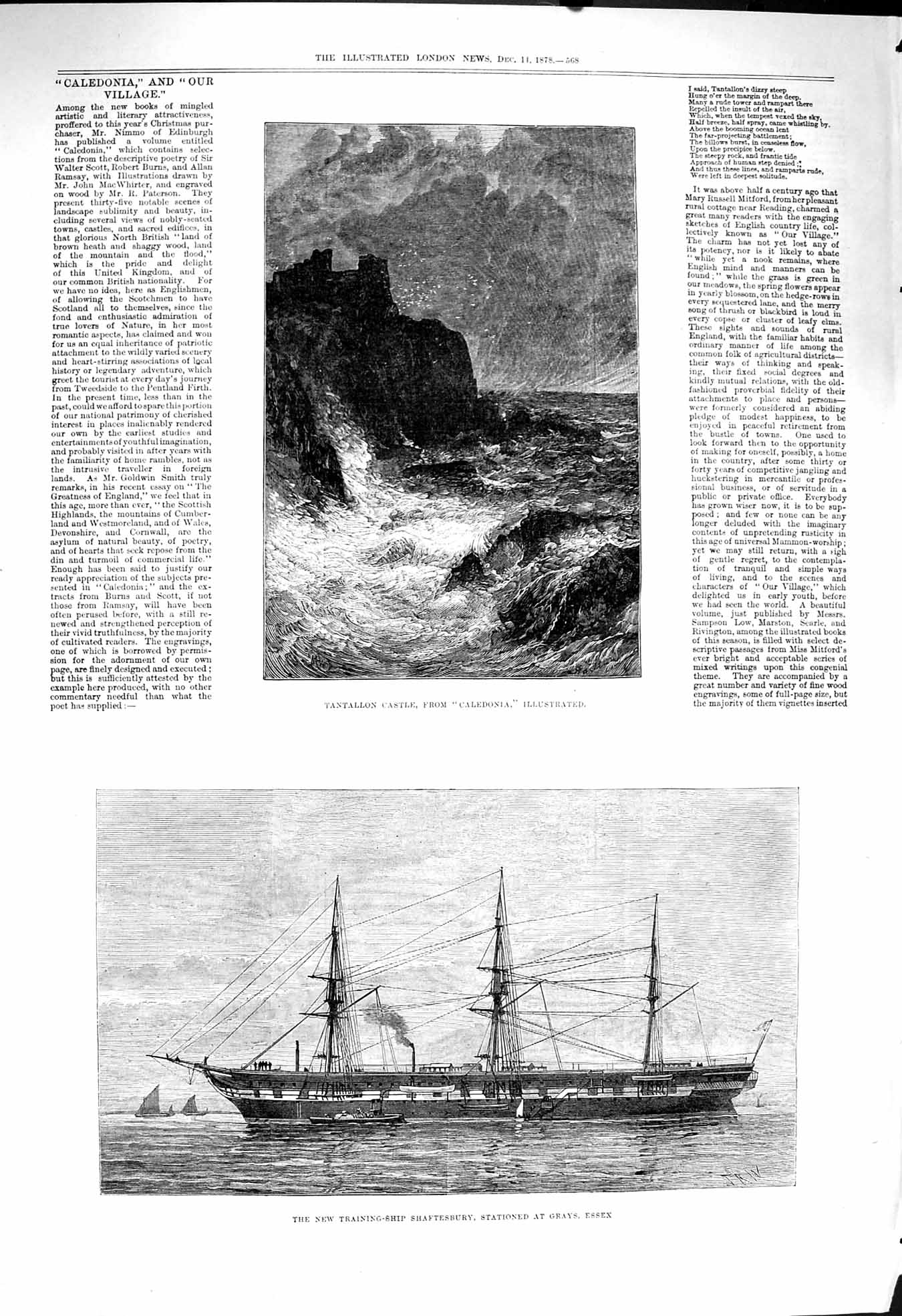 Old Antique Print 1878 Tantallon Castle Caledonia Ship Shaftesbury Essex 19th