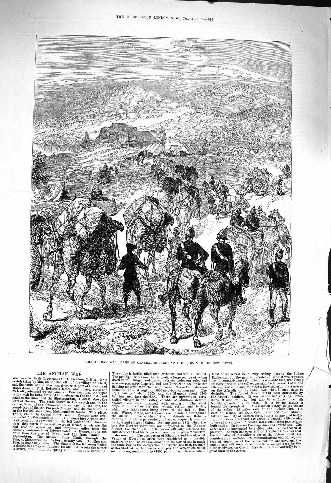 Original Old Antique Print 1878 Afghan War Camp General Roberts Thull Khoorum