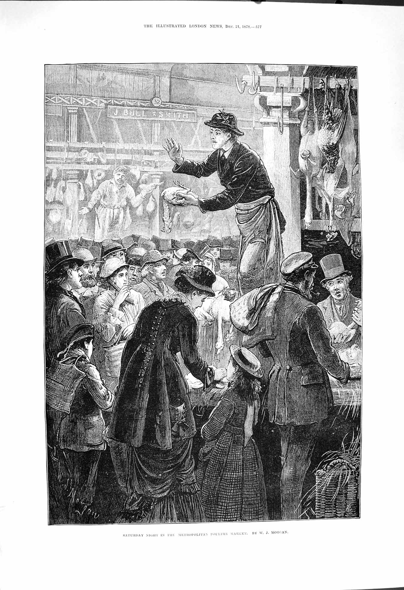 Original Old Antique Print 1878 Metropolitan Poultry Market Saturday Morning