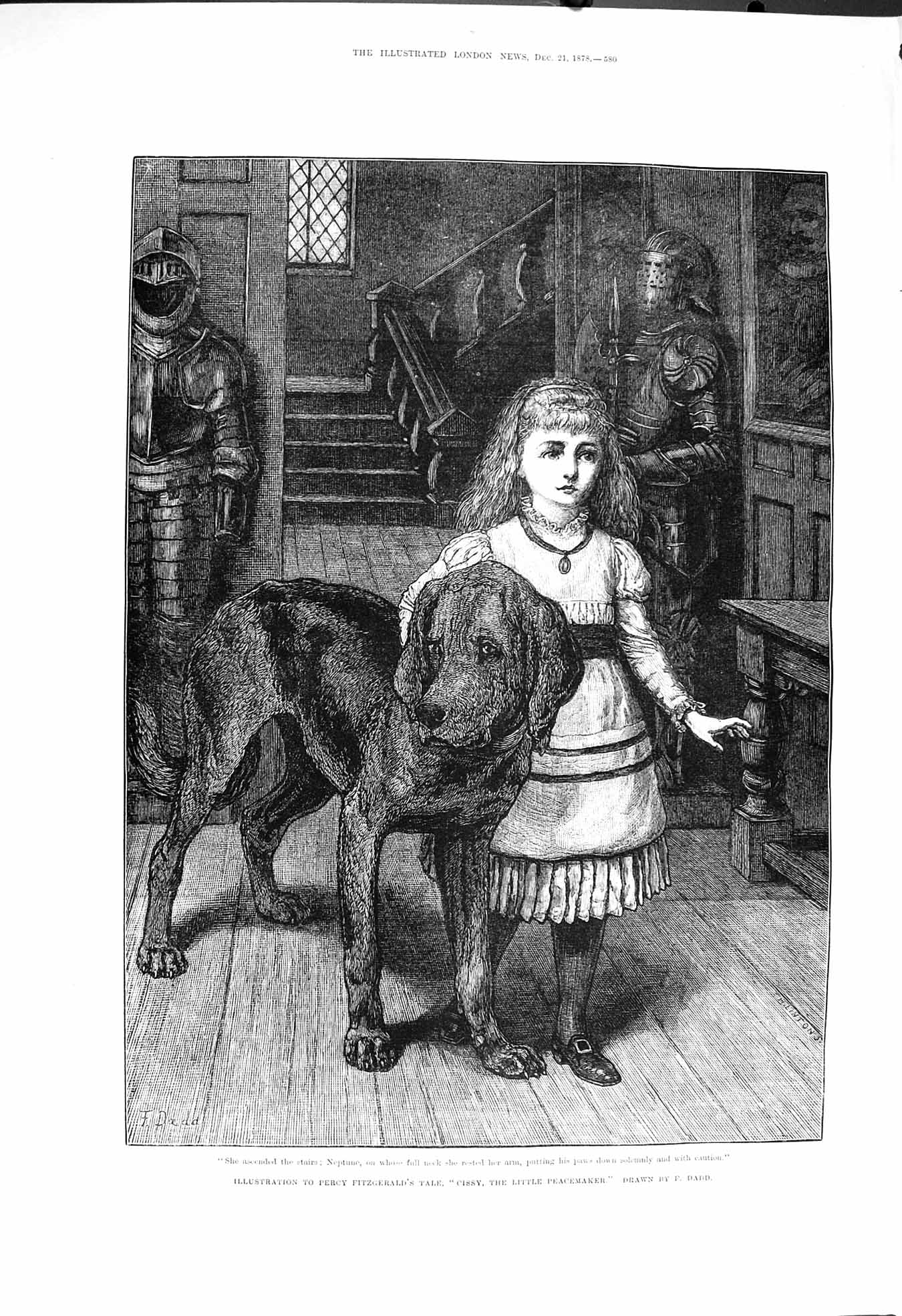 Original Old Antique Print 1878 Percy Fitzgerald Cissy Peacemaker Girl Dog Daad