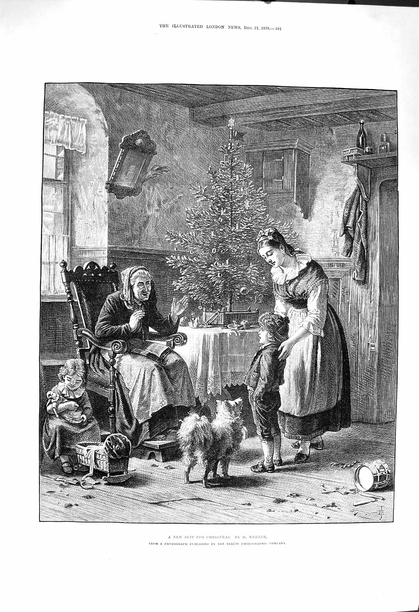 Original Old Antique Print 1878 Little Boy New Suit Christmas Lady Dog Werner