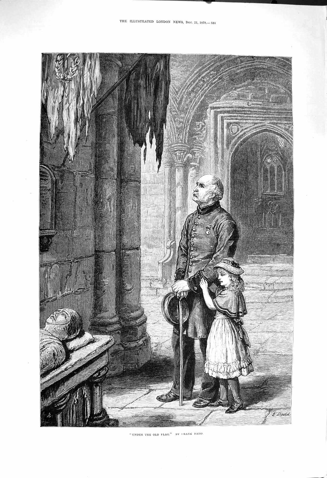 Original Old Antique Print 1878 Under Flag War Sier Little Girl Frank Daad 19th