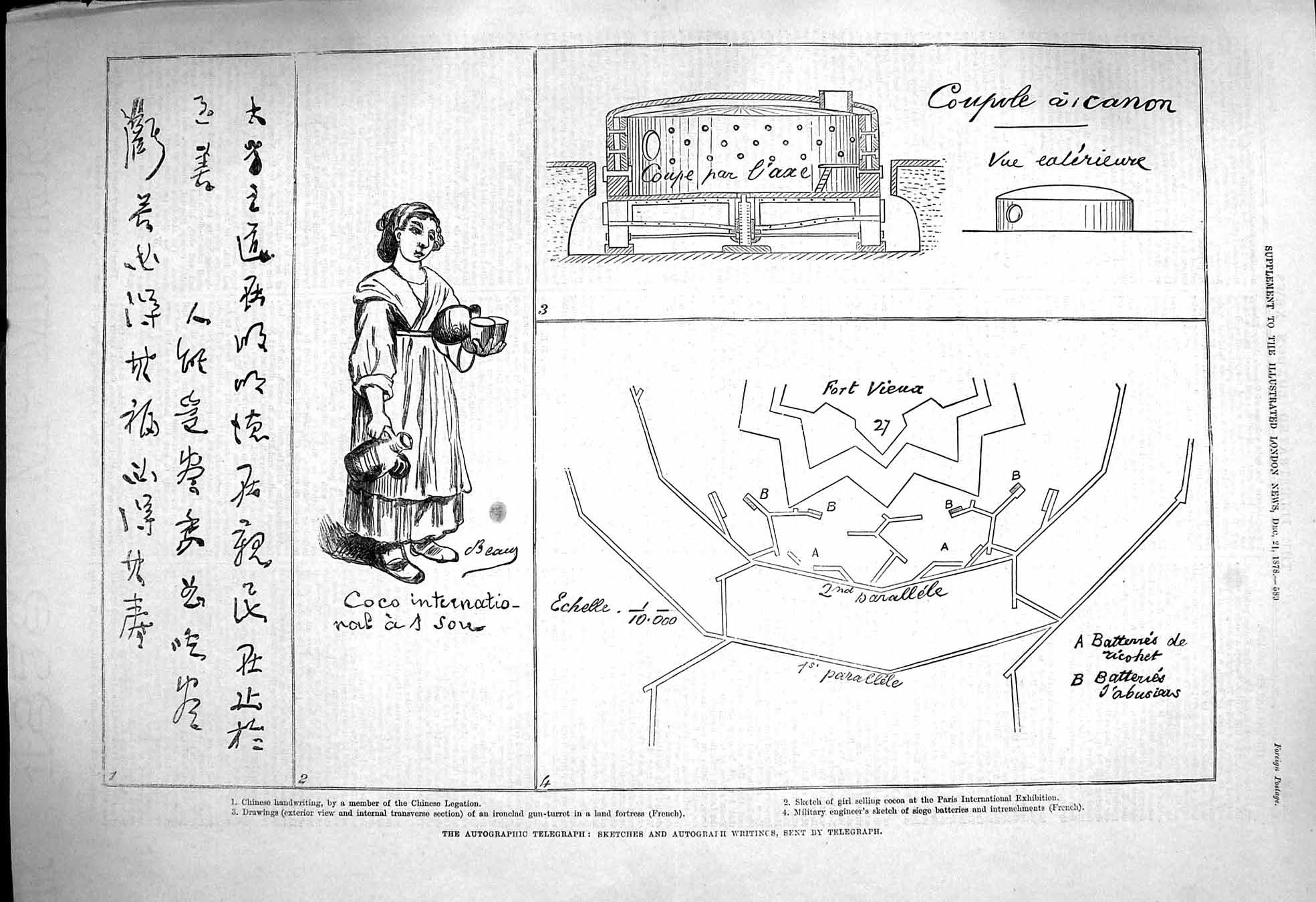 Old Antique Print 1878 Autograph Telegraph Chinese Handwriting Fortress 19th