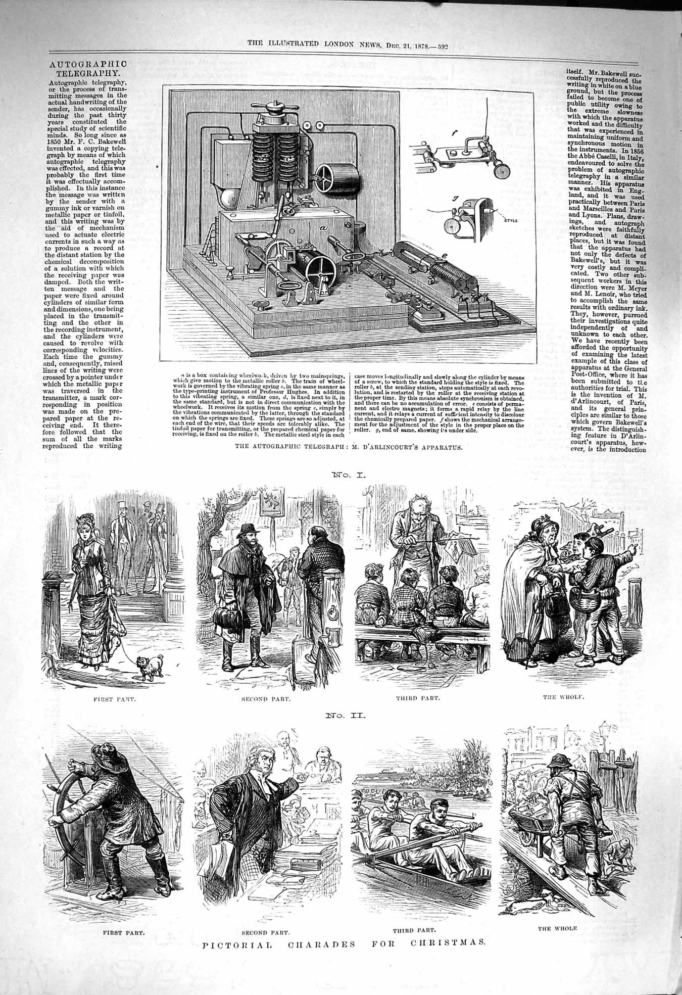 Original Old Antique Print 1878 Autographic Telegraph D'Arlincourt Christmas