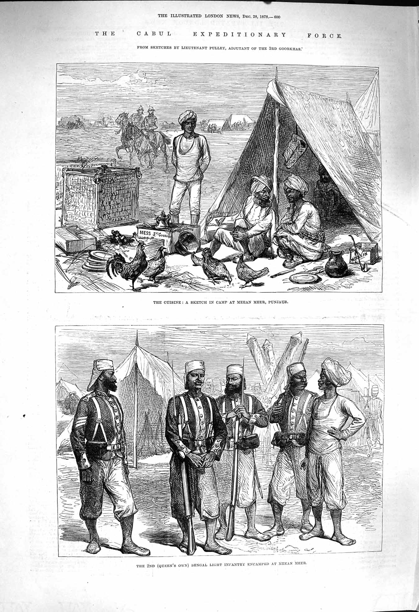 Original Old Antique Print 1878 Cabul War Camp Meean Meer Punjaub Bengal Siers