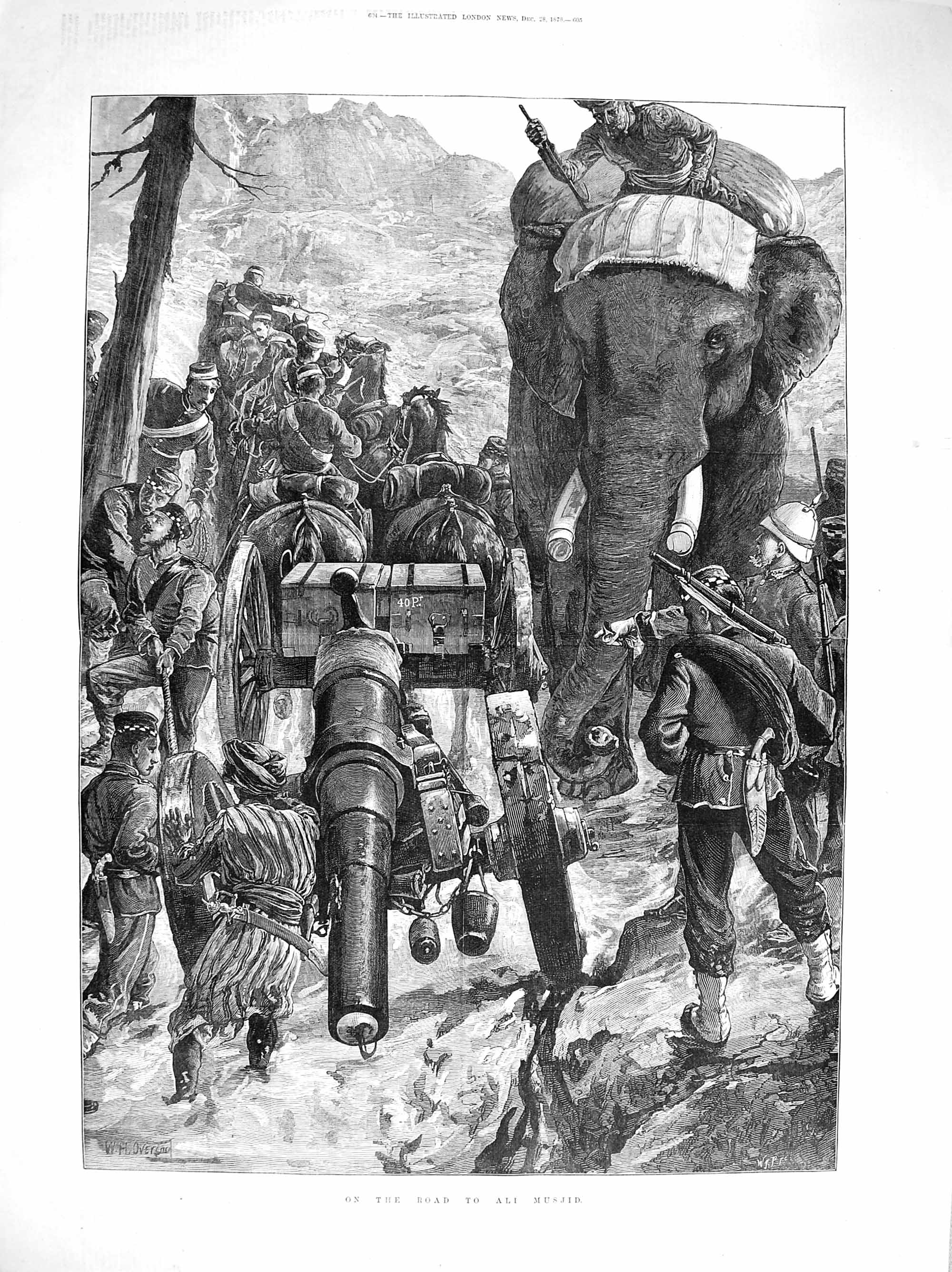Original Old Antique Print 1878 Scene Road Ali Musjid Elephants Siers War Guns