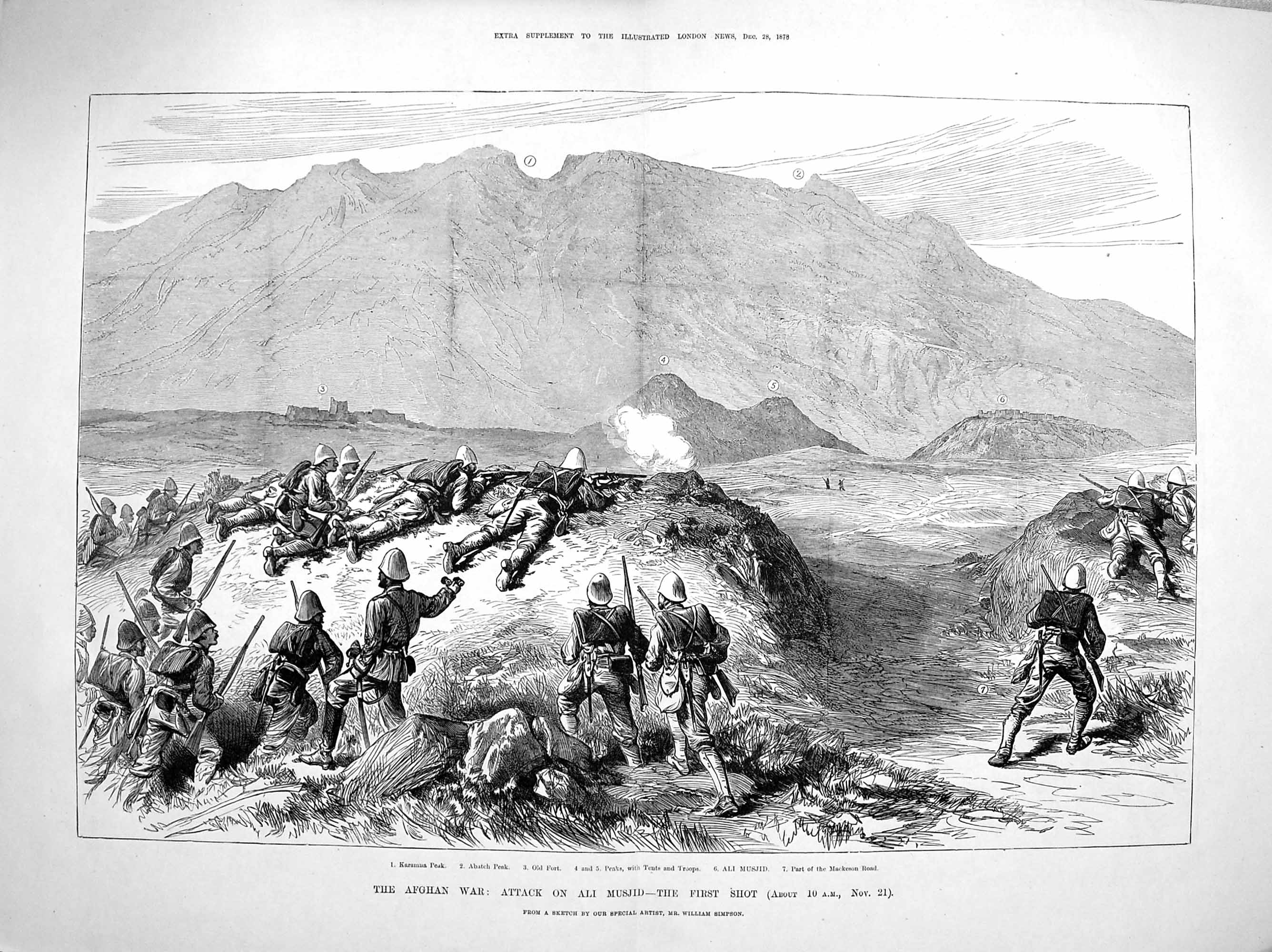 Original Old Antique Print 1878 Afghan War Attack Ali Musjid Karamna Peak Fort