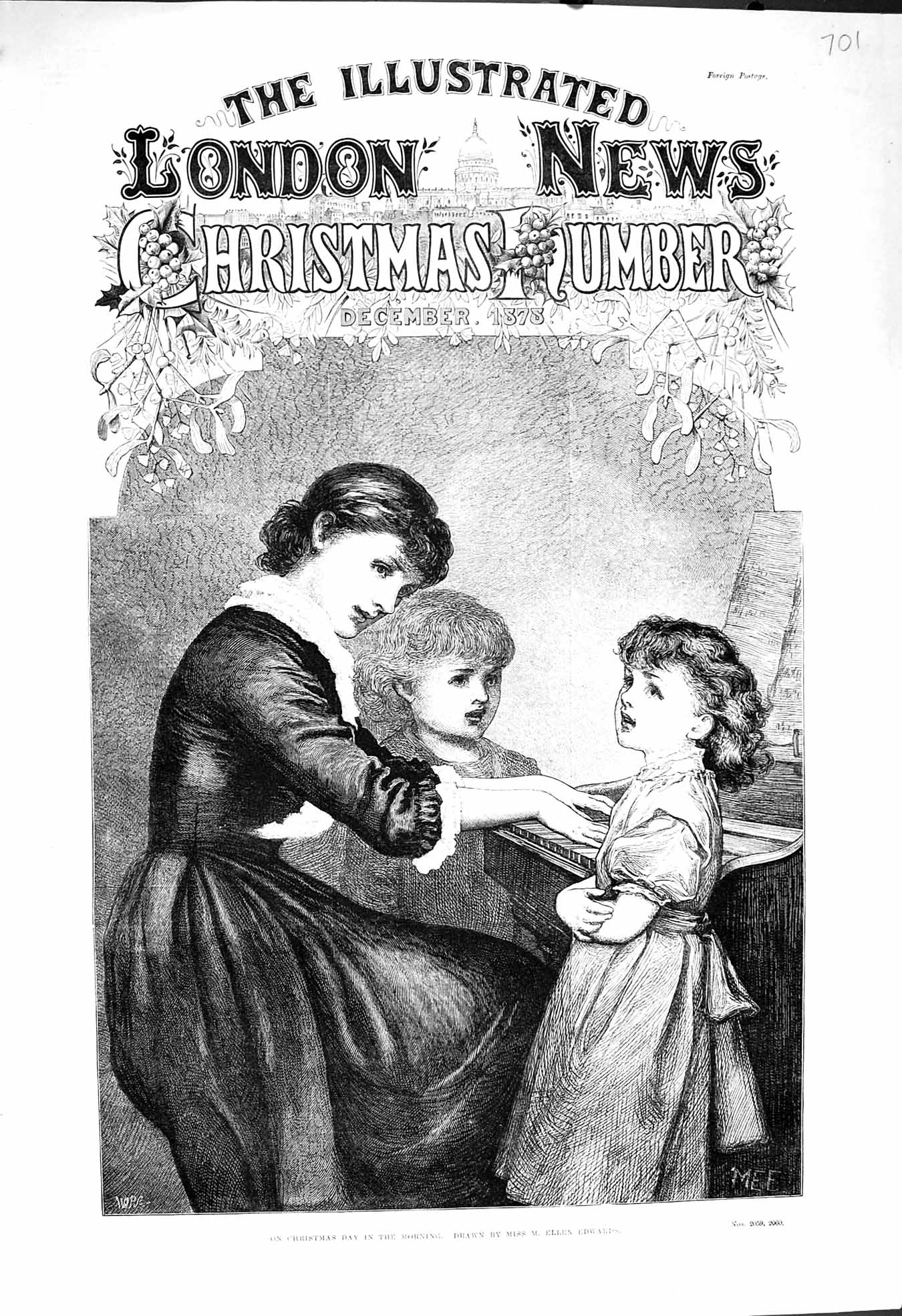 Original Old Antique Print 1878 Christmas Day Scene Children Mother Piano Music