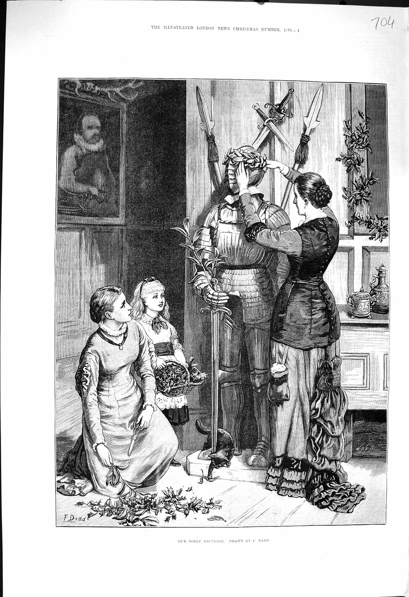 Old Antique Print 1878 Noble Ancestor Knight Armour Christmas Mistletoe 19th