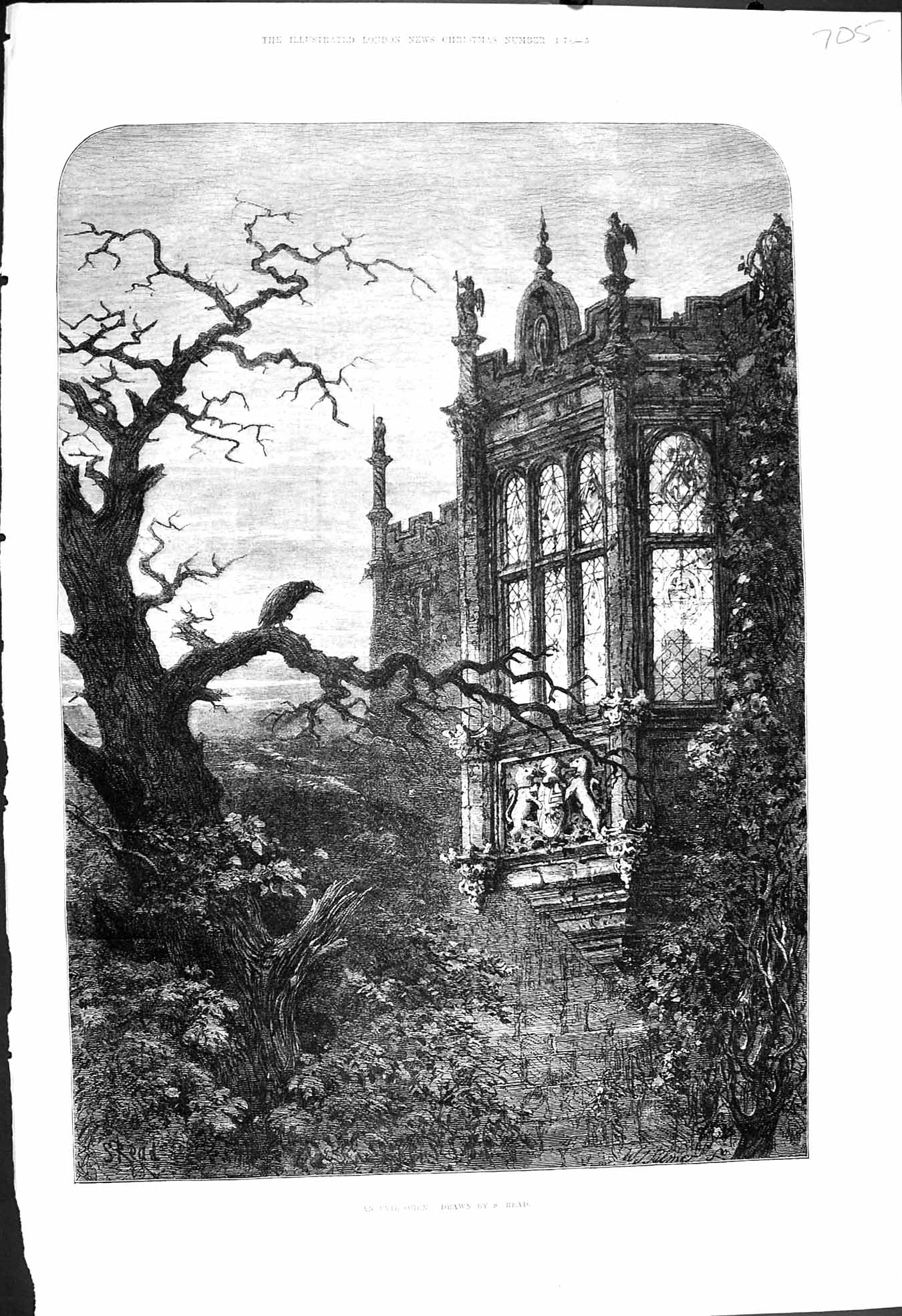 Old Antique Print 1878 Evil Omen Scary House Trees Architecture Fine Art 19th