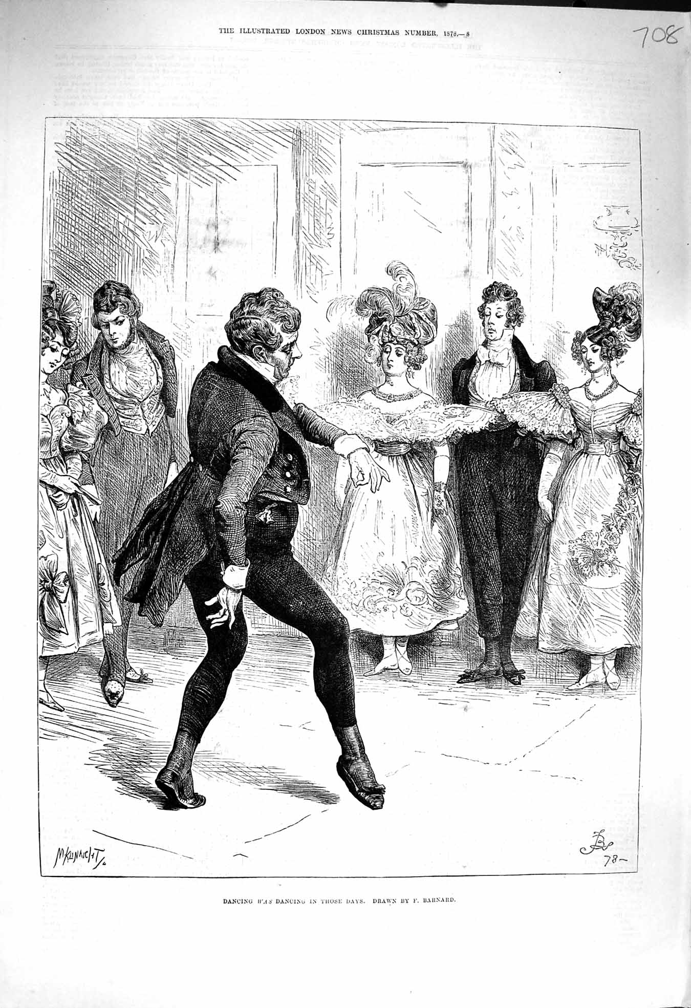 Original Old Antique Print 1878 Fashioned Dancing Men Ladies Romance Barnard
