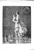 Original Old Antique Print 1878 Lucky Dog Mistletoe Christmas Percy Macquoid