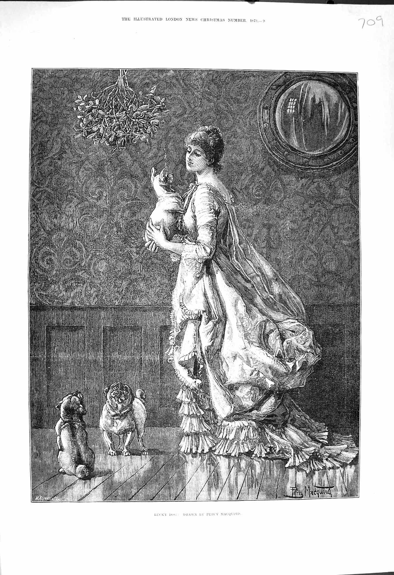 Original Old Antique Print 1878 Lucky Dog Mistletoe Christmas Percy Macquoid