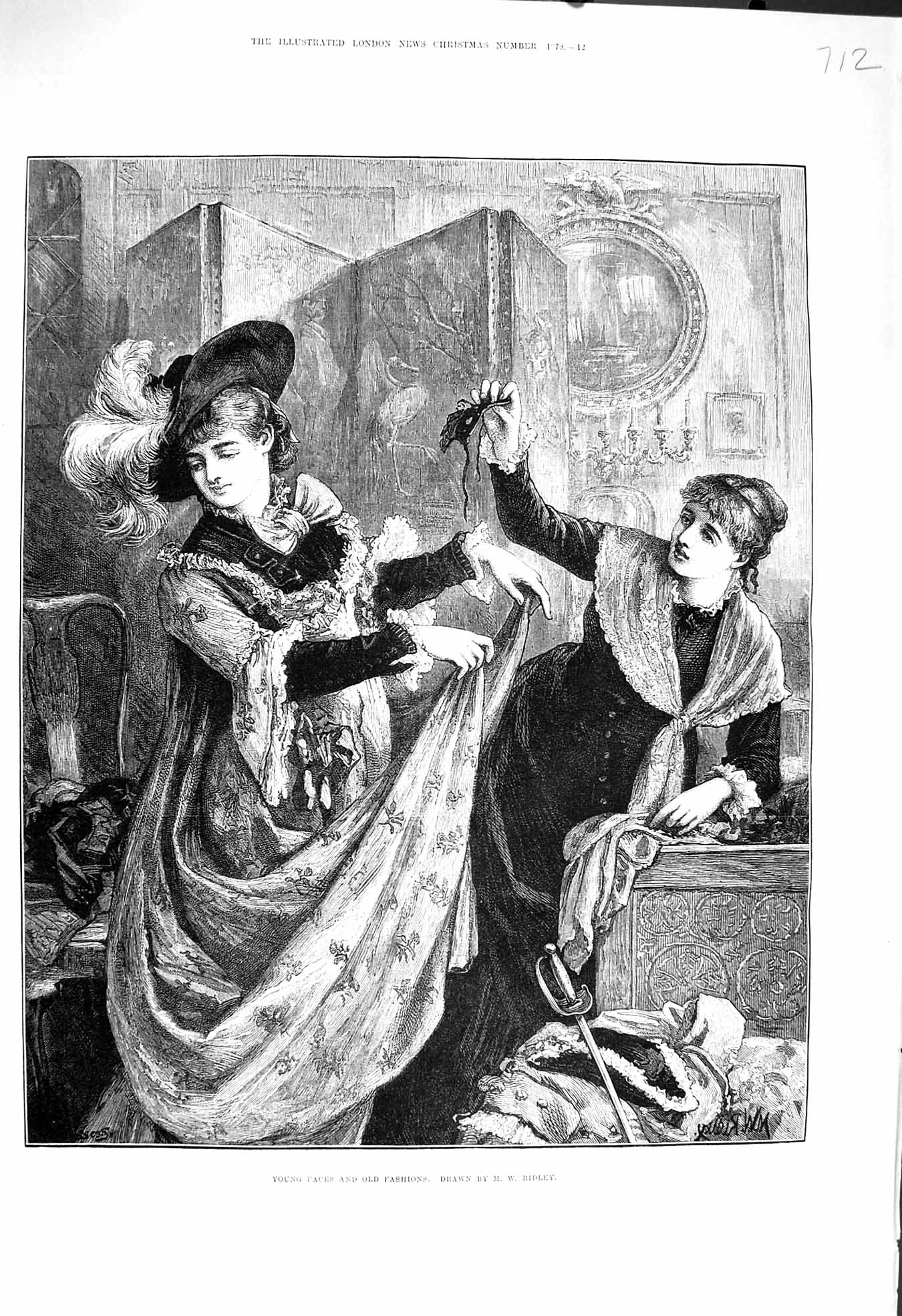 Original Old Antique Print 1878 Young Faces Fashion Ladies Dresses Ridley 19th