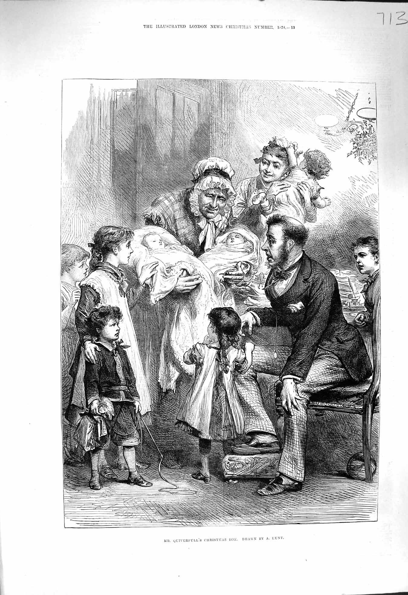 Old Antique Print 1878 Mr. Quiverfull Christmas Box Babies Children Hunt 19th