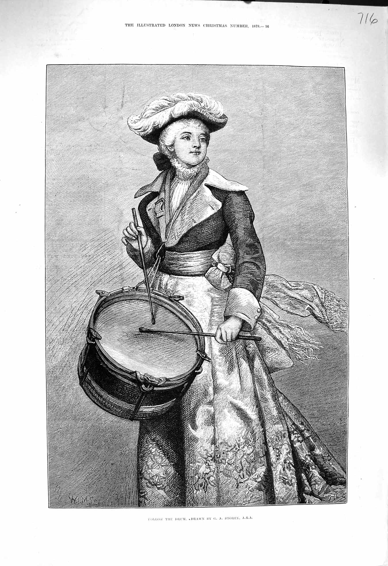 Original Old Antique Print 1878 Follow The Drum Beautiful Lady Music Storey