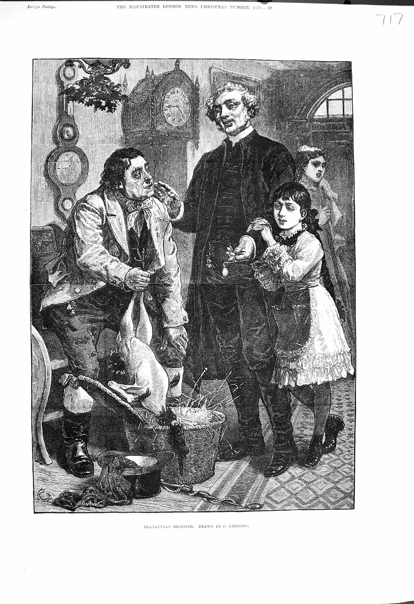 Old Antique Print 1878 Thankfully Received Poor Man Begg Chicken Family 19th