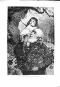 Original Old Antique Print 1878 Mistletoe Bough Man Little Girl Trees Fine Art