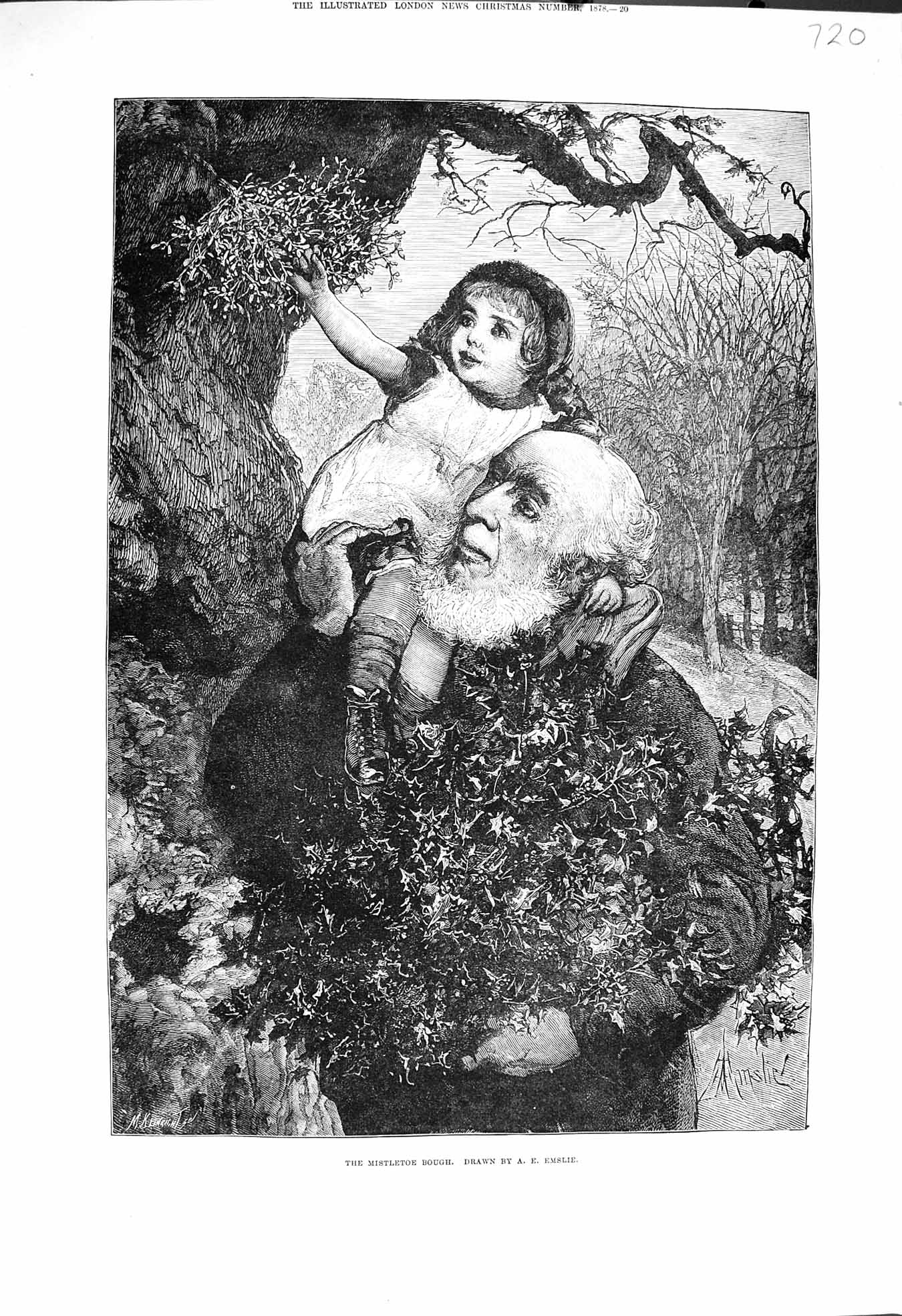 Original Old Antique Print 1878 Mistletoe Bough Man Little Girl Trees Fine Art
