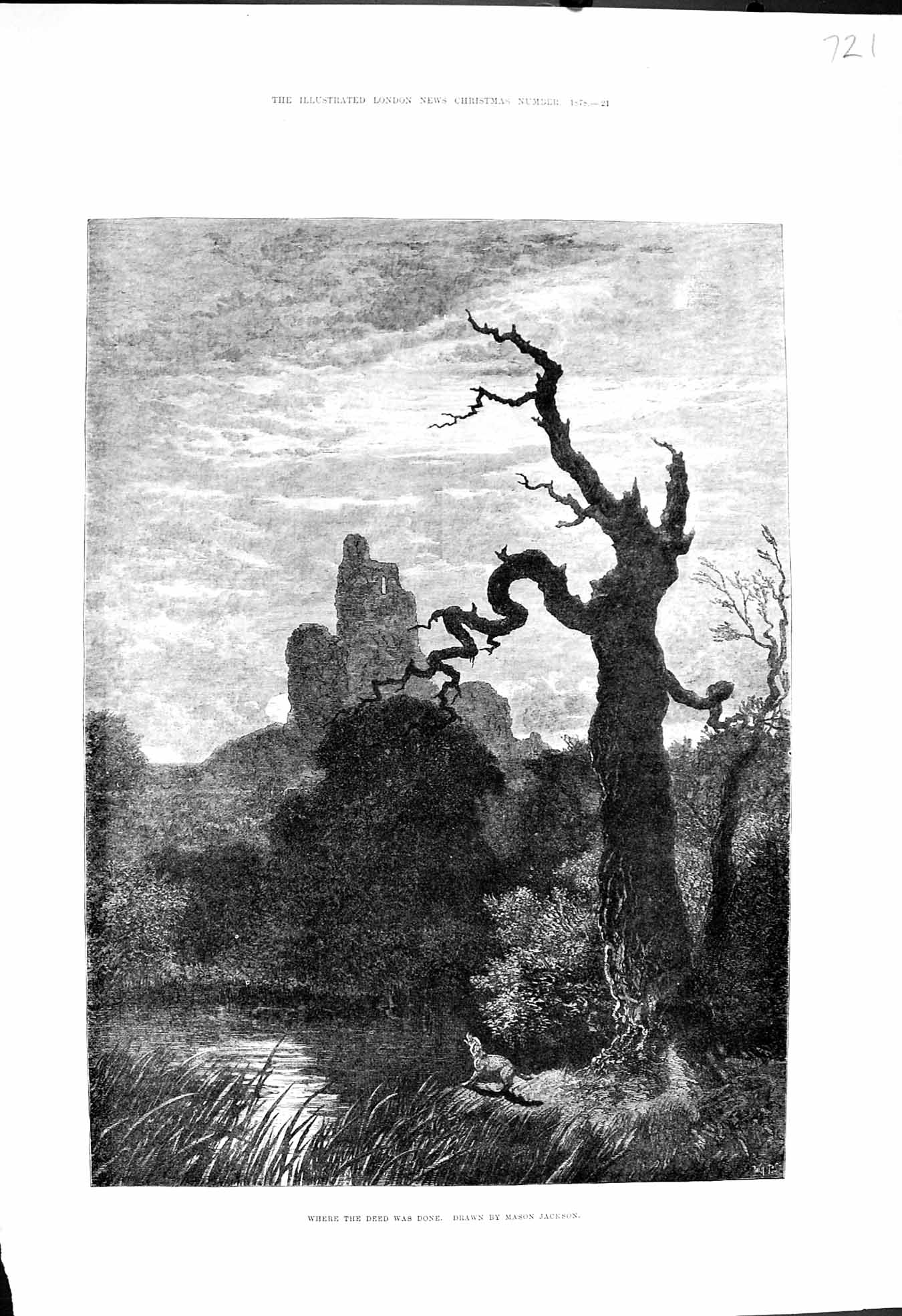 Original Old Antique Print 1878 Fine Art Where The Deed Was Done Moonlight 19th